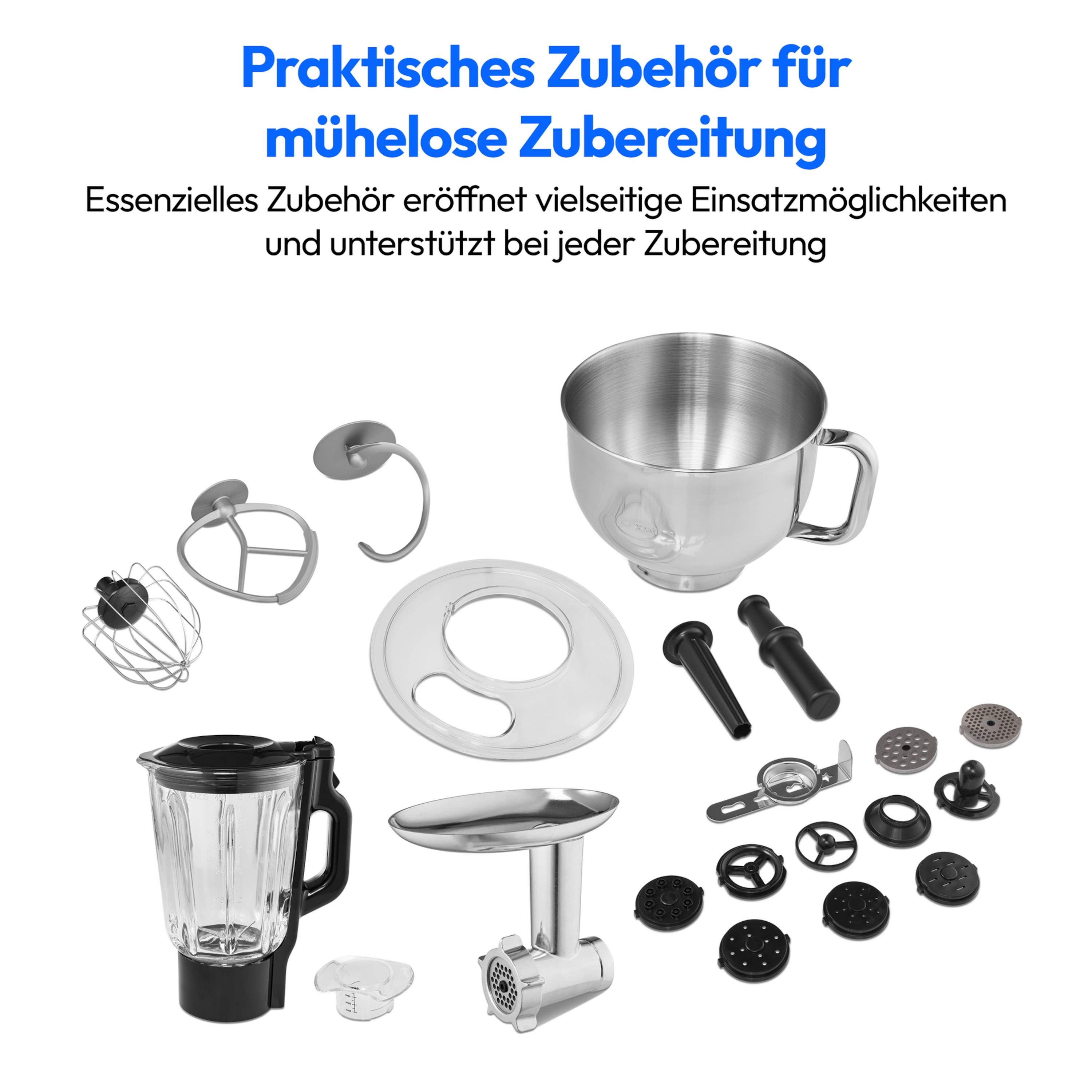 Accesorios para electrodomésticos de cocina: licuadora, piezas de batidora, molinillo, etc. sobre fondo blanco.