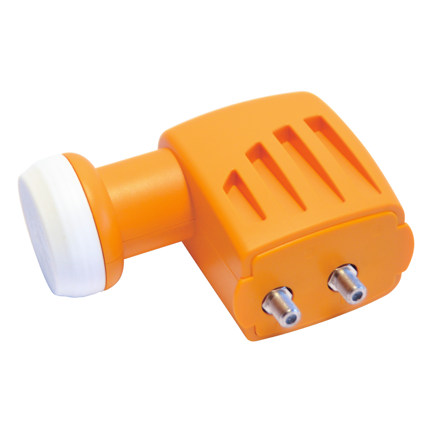 Ein orangefarbener Satellitenempfänger mit zwei Anschlüssen und weißer Abdeckung.
