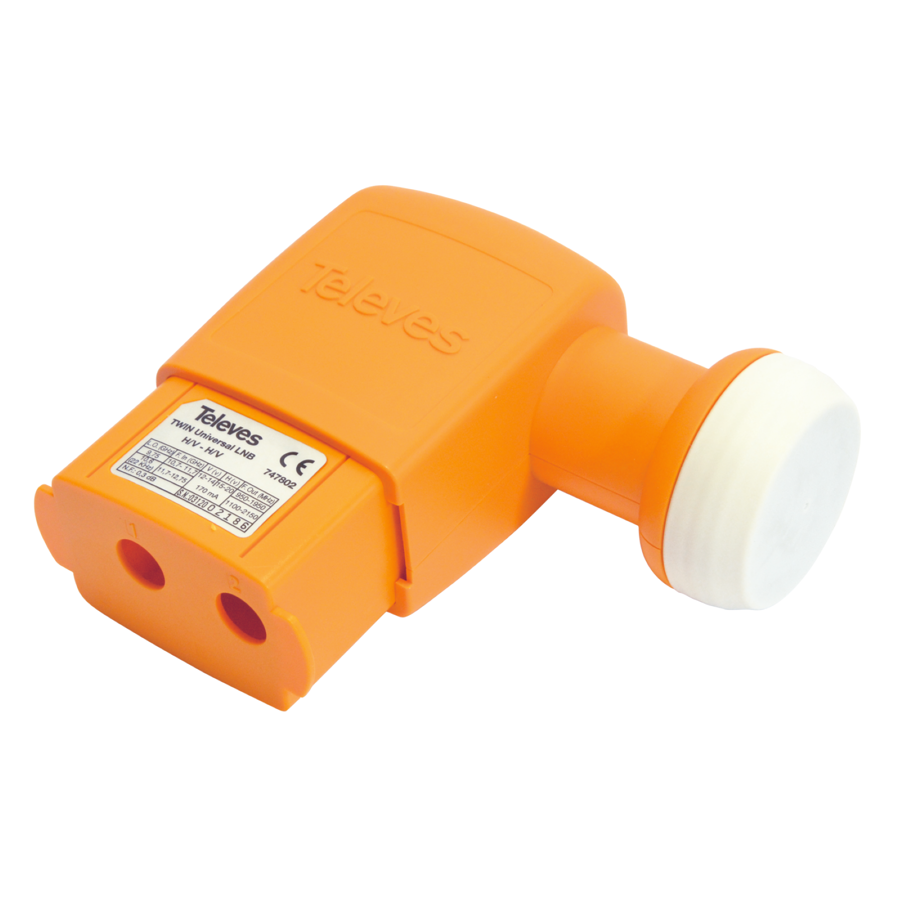 Oranger Satellitenempfänger mit weißem Ende. Brauner Hintergrund.