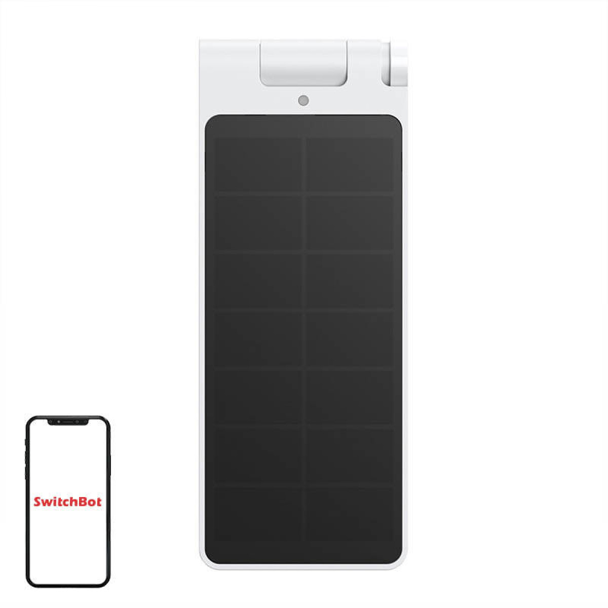 Dispositivo intelligente bianco con schermo nero, accanto a uno smartphone che mostra la stessa interfaccia.