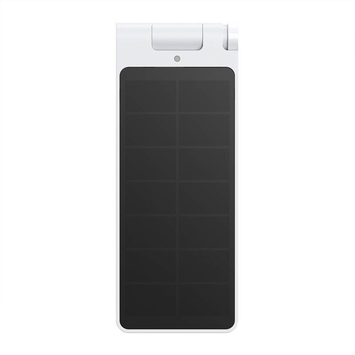 Un dispositivo piatto, rettangolare, bianco con schermo nero. Ha una fotocamera e una cerniera.