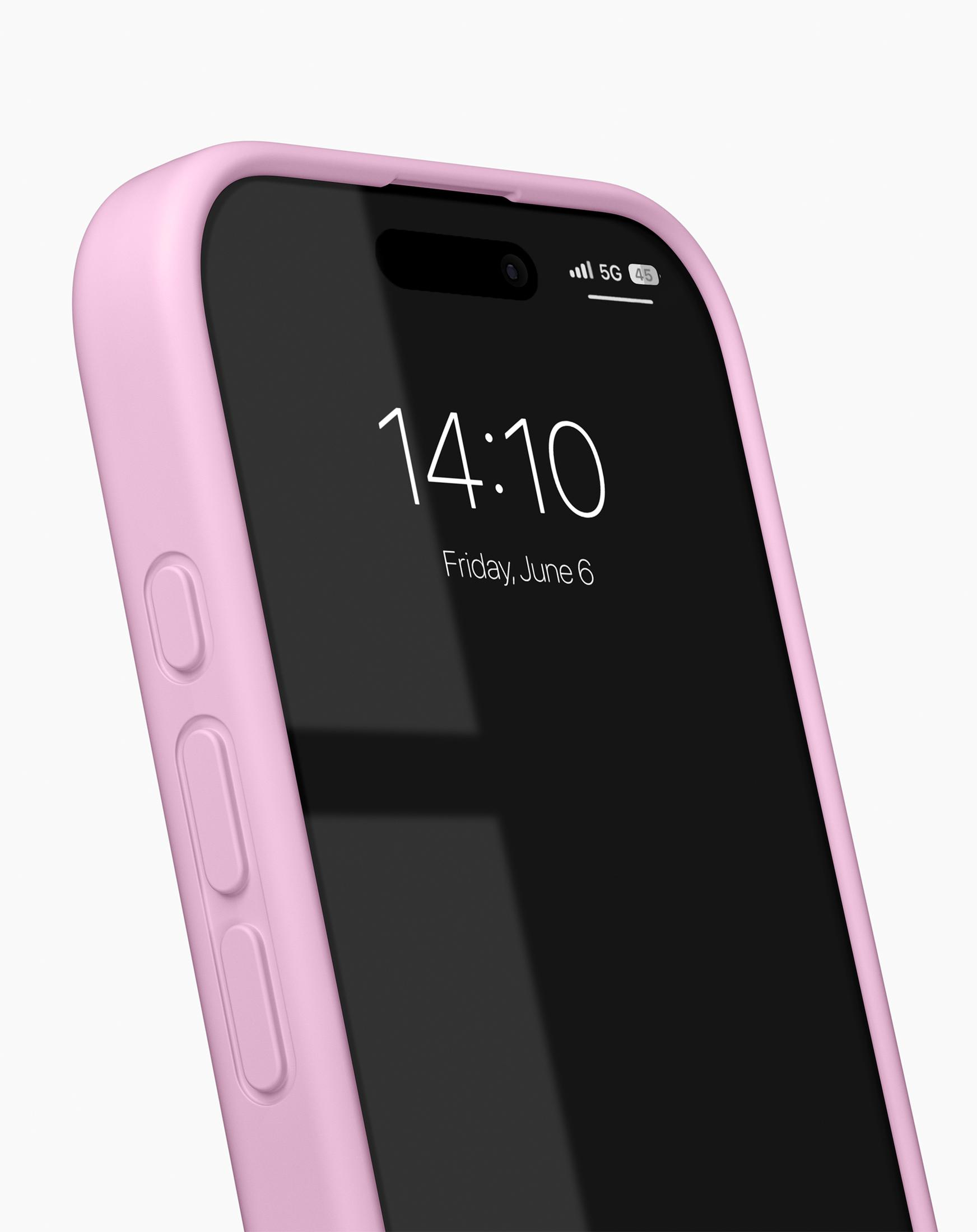 Pinkes Telefon in pinker Hülle, zeigt Uhrzeit und Datum, vor weißem Hintergrund.