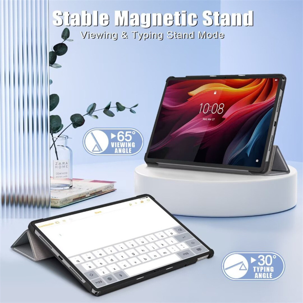 Tablet mit Tastaturhülle und Ständer. Bildschirm zeigt digitale Oberfläche. Weißer Hintergrund.