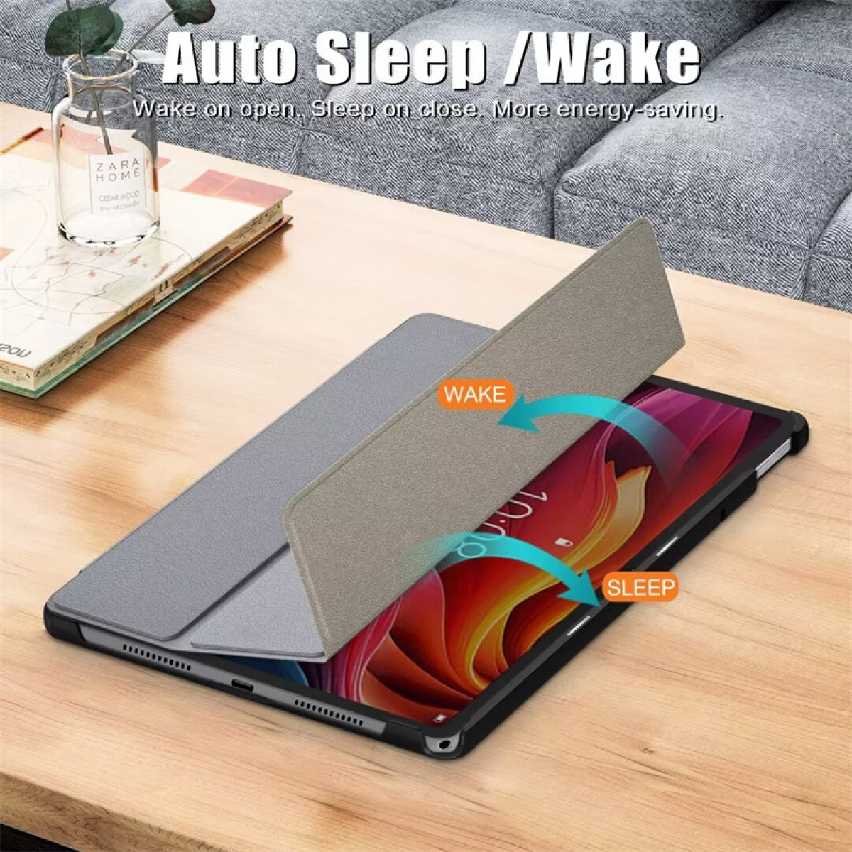 Ein Tablet in einem grauen Gehäuse auf einem Holztisch. Das Gehäuse ist teilweise geöffnet.