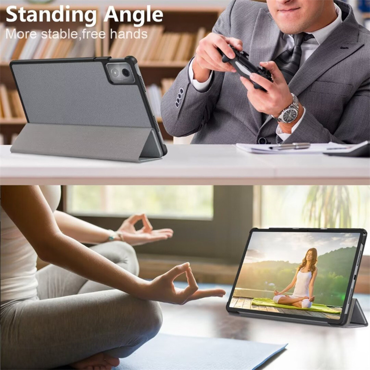 Tablet in einer Hülle. Mann mit Controller, Frau macht Yoga mit Tablet.