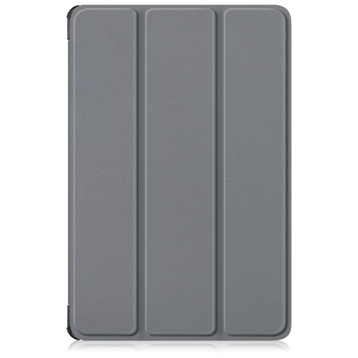 Faltbare graue Tablet-Hülle, geschlossen, mit glatter Oberfläche, vor weißem Hintergrund.