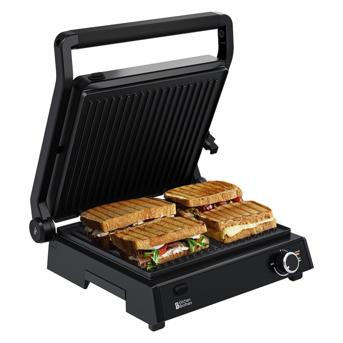 Black sandwich maker with four sandwiches, on a black base, white background.