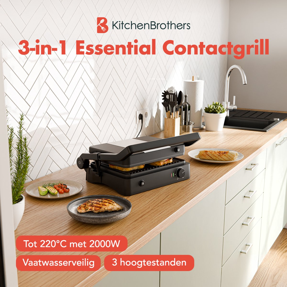 Kitchen Brothers contact grill with food, on a wooden counter with a white tiled wall.