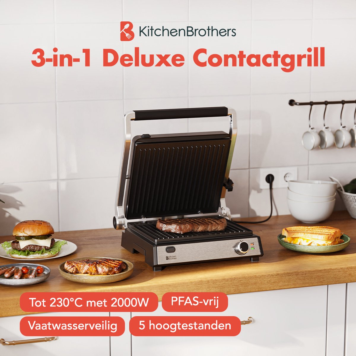 Kitchen Brothers contact grill, grilling steak and sandwich. Food on wooden surface.