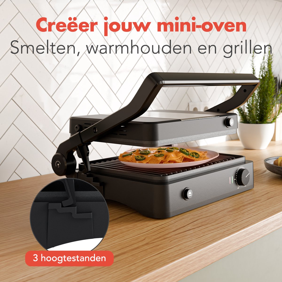 Black mini-oven with a plate of food, text: Creeer jouw mini-oven, 3 hoogte standen.