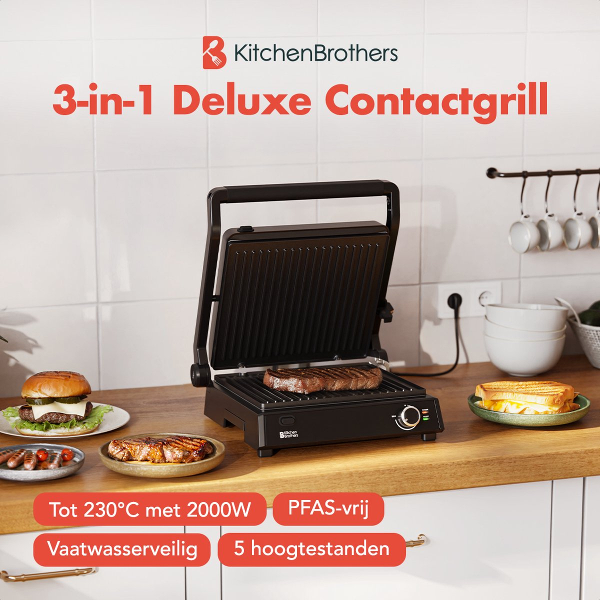 Black 3-in-1 contact grill with food on the plates.