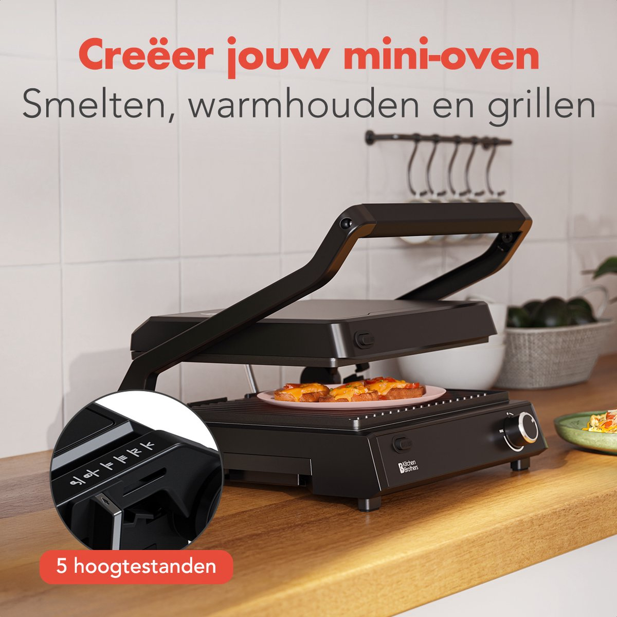 Black contact grill with sandwich. Control panel visible. Wooden countertop.