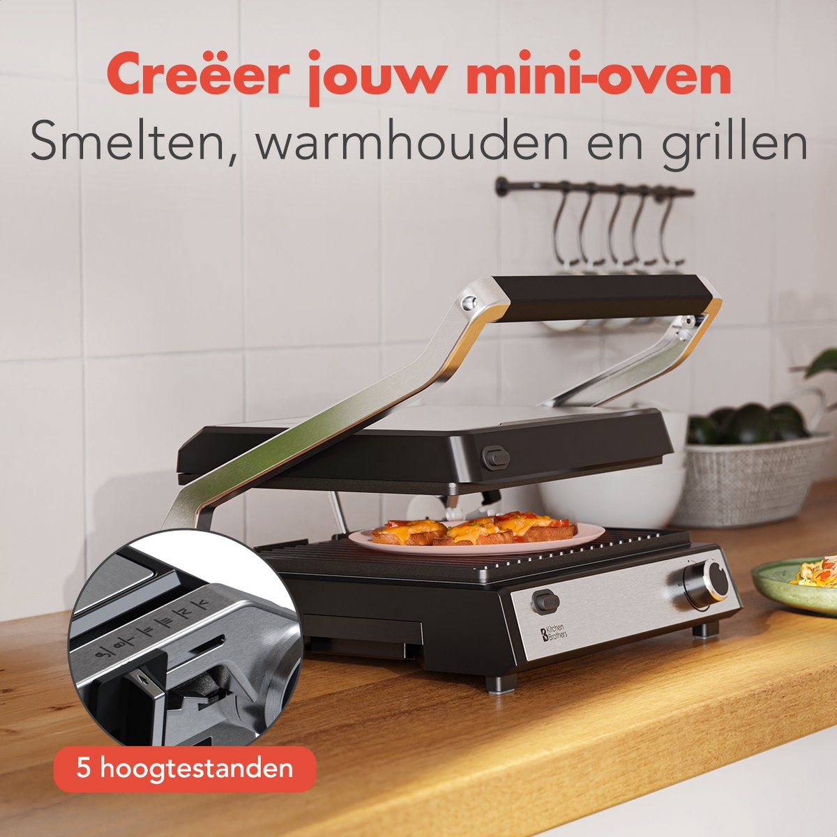 A mini oven with food being grilled, with text in Dutch.