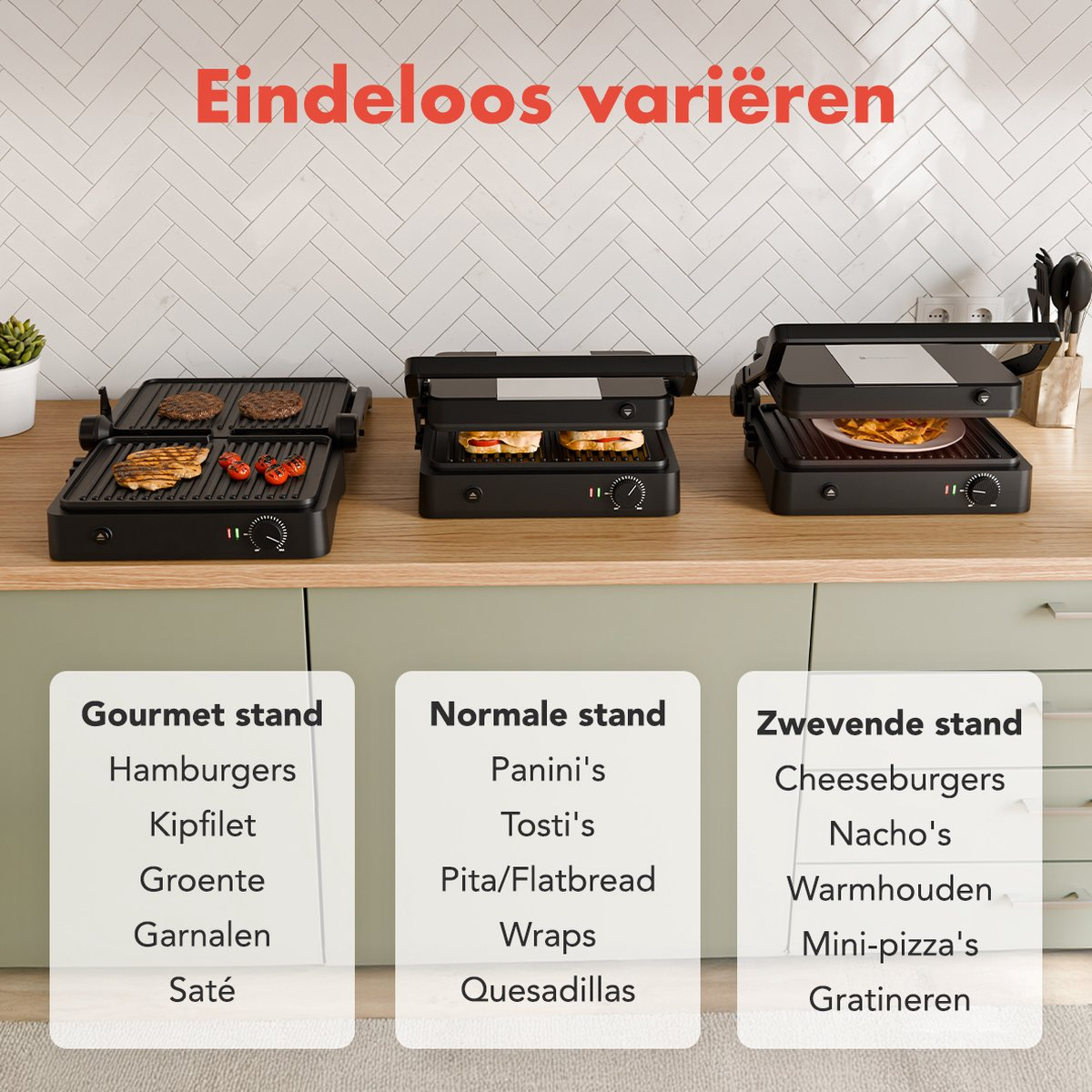 Three black contact grills with different food options.