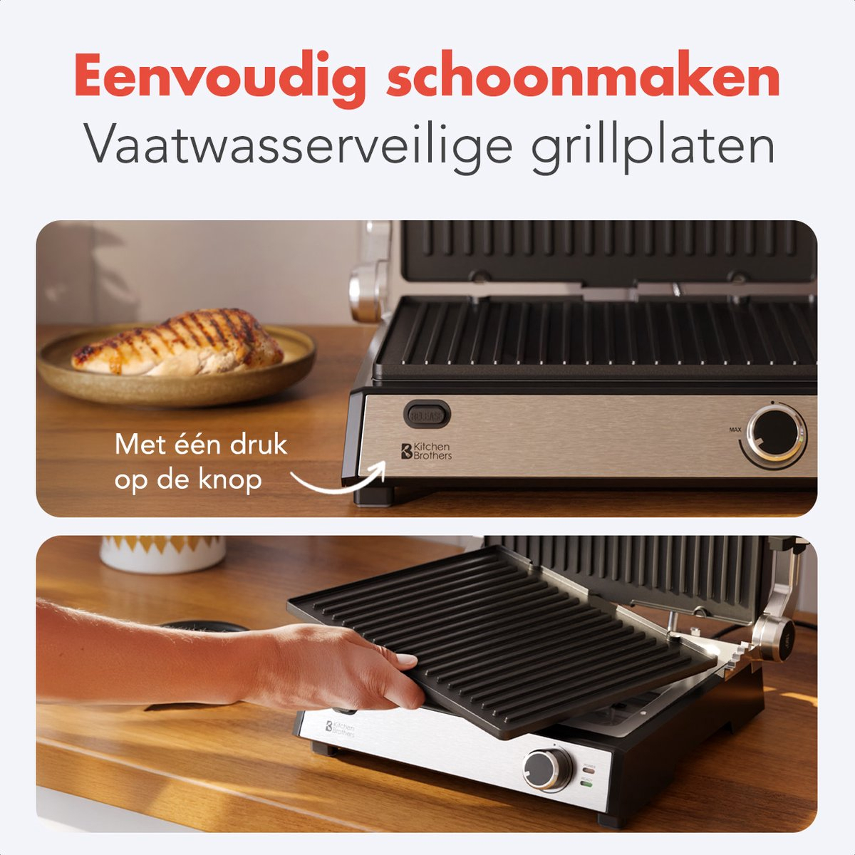 A grill with a cooked chicken on the plate and a black grill plate.