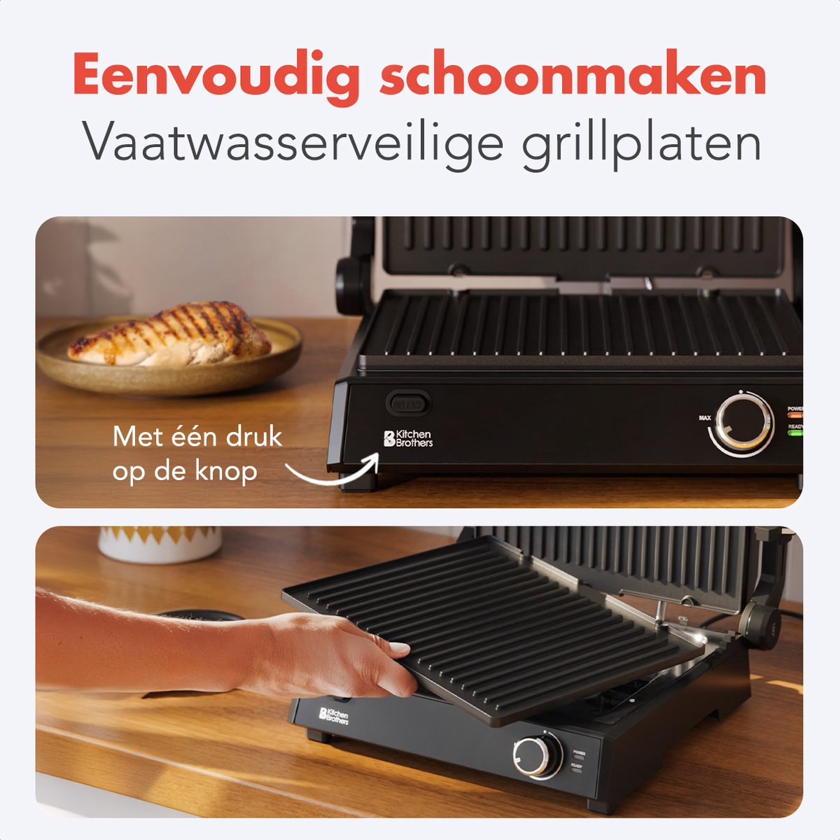Grill with food, plate with food. Text: Easy cleaning, Dishwasher safe grill plates.