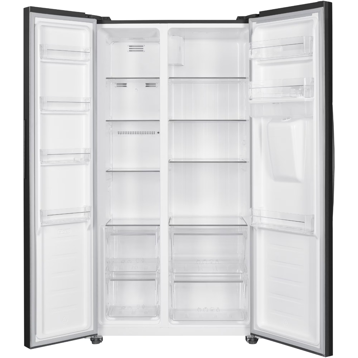 Open side-by-side koelkast, met planken, lades en een wit interieur.