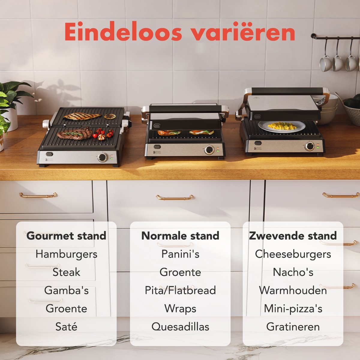 Three different raclette grills side by side, with food on the grills and a menu below.
