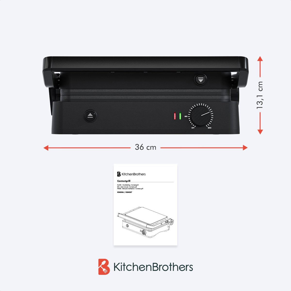A black panini grill with dimensions indicated. A manual is placed on the white surface.