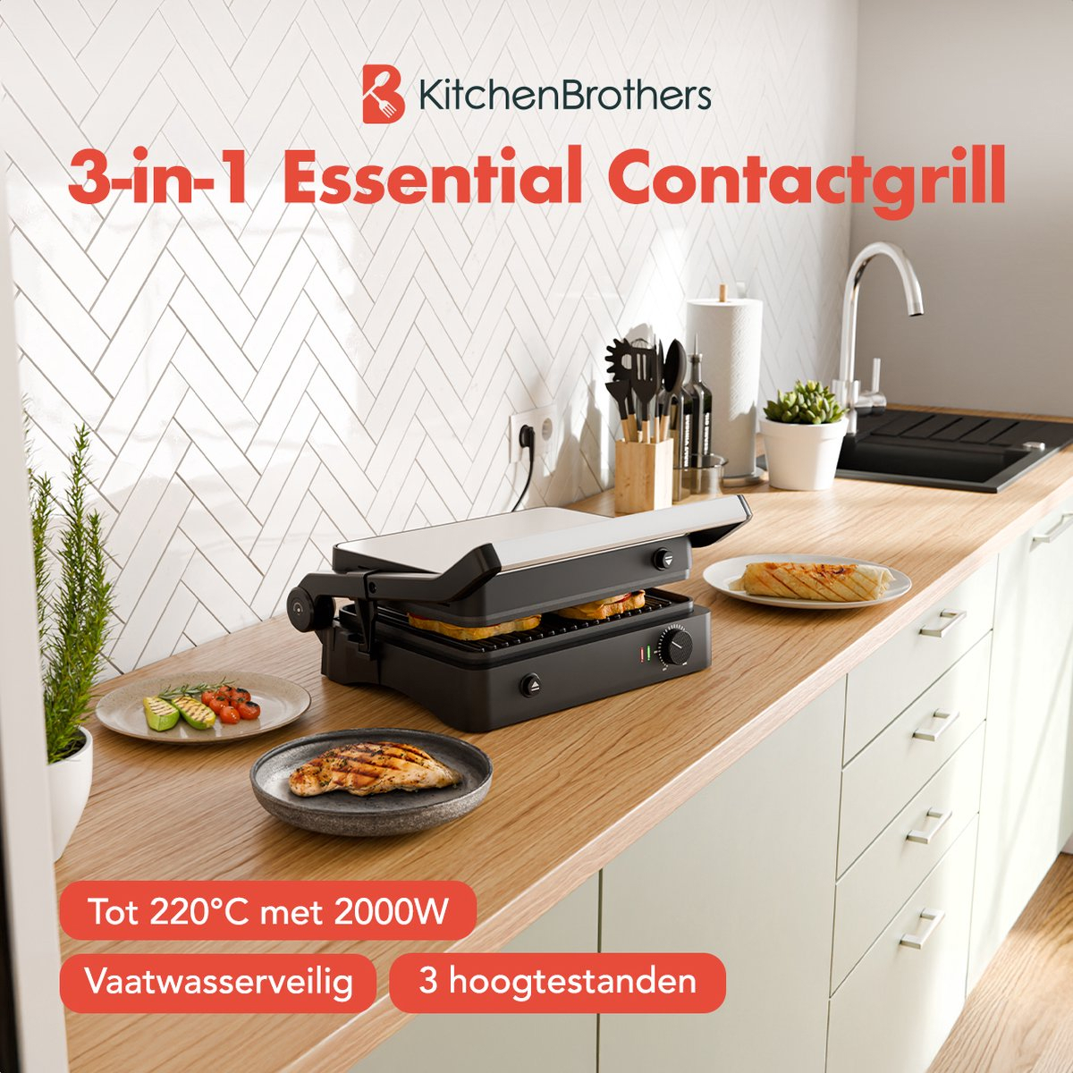 Grill with food on a counter. Text: 3-in-1 Essential Contact Grill.