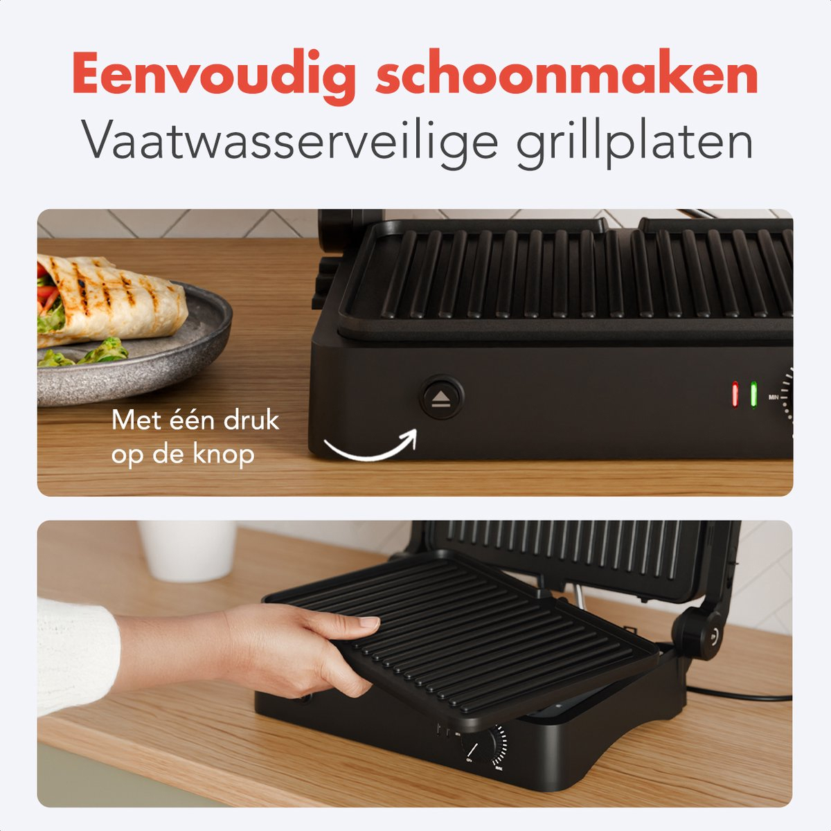 A black grill with a plate of food. A hand removes the grill plate, showing the interior.