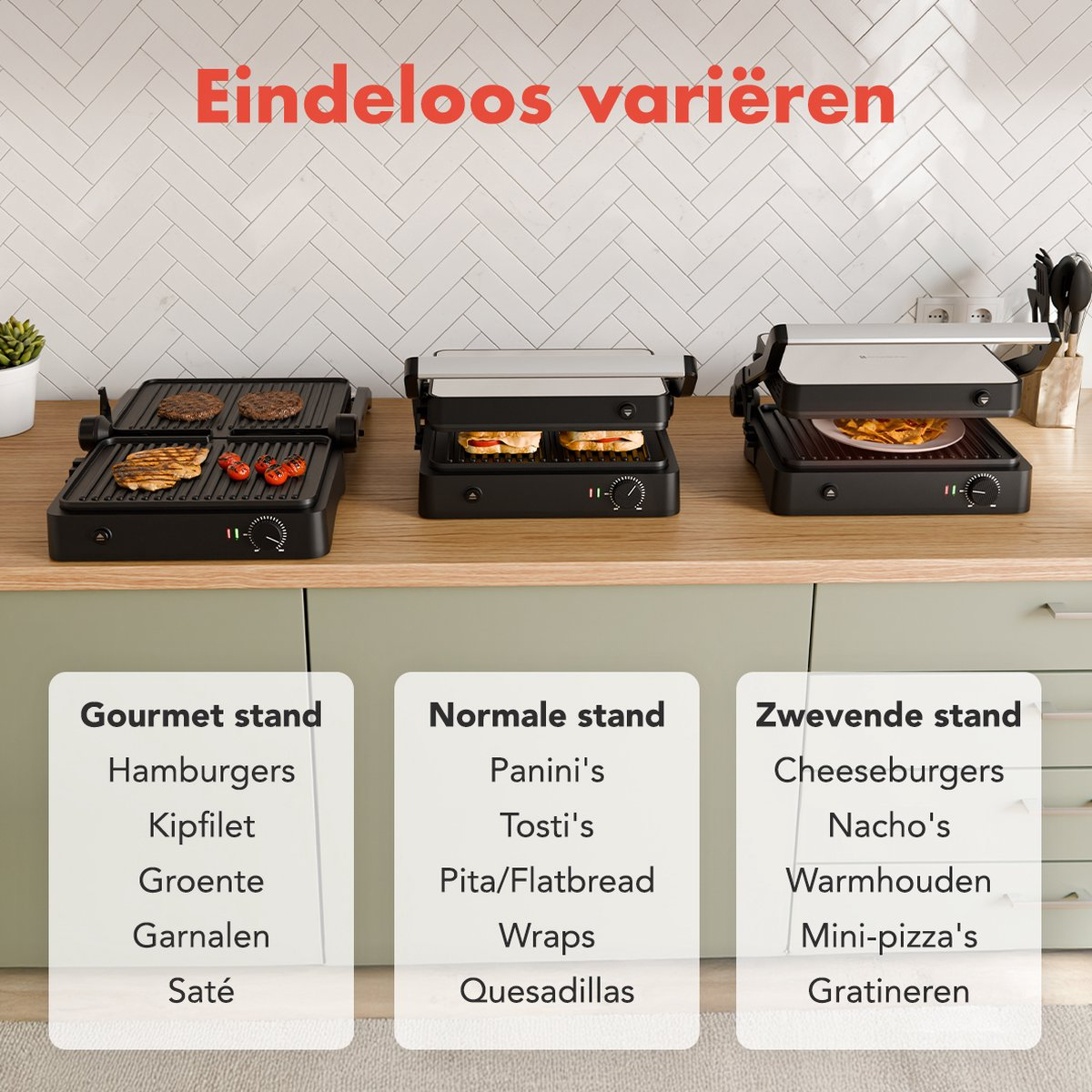 Three griddles on a wooden table, with food and a menu listing food options for each griddle type.
