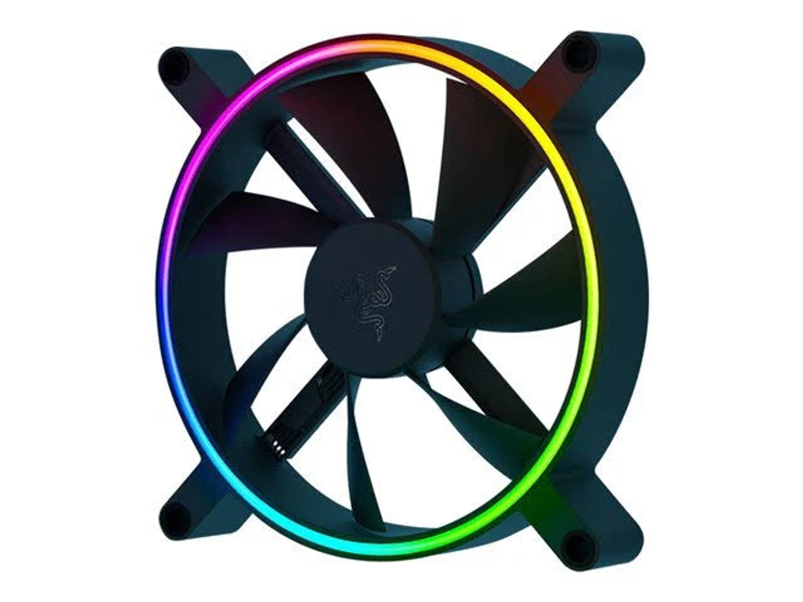 Czarny wentylator komputerowy z tęczowym pierścieniem świetlnym i logo Razer.