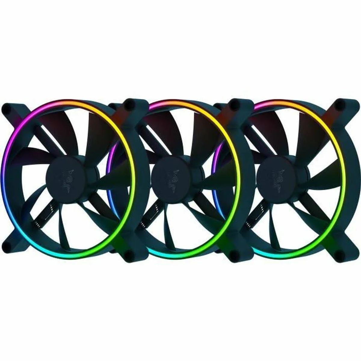 Trzy czarne wentylatory komputerowe ze światłami LED RGB. Światła są w różnych kolorach.