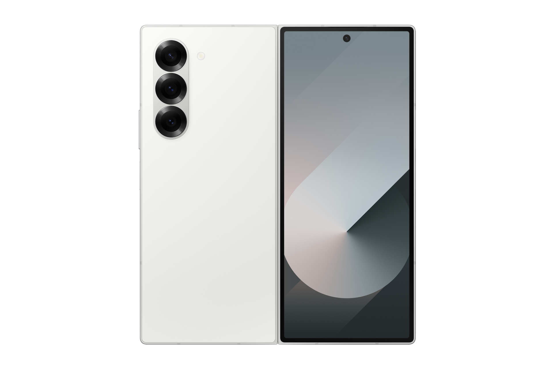 Telefono pieghevole bianco, aperto per mostrare lo schermo interno, con tripla fotocamera.