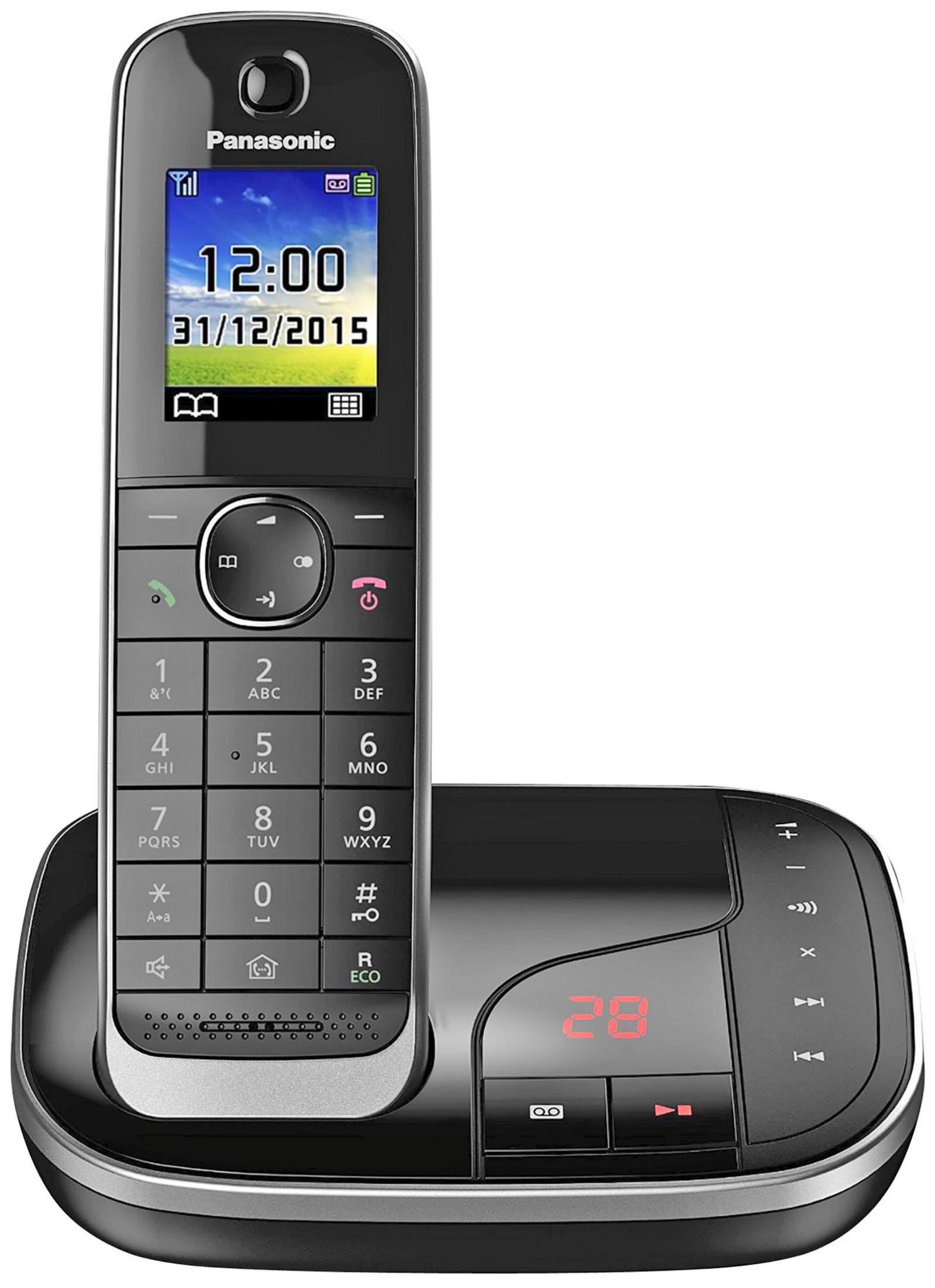 Téléphone de base Panasonic, avec affichage de l'heure et de la date. Clavier avec diverses touches de fonction. Affichage numérique.