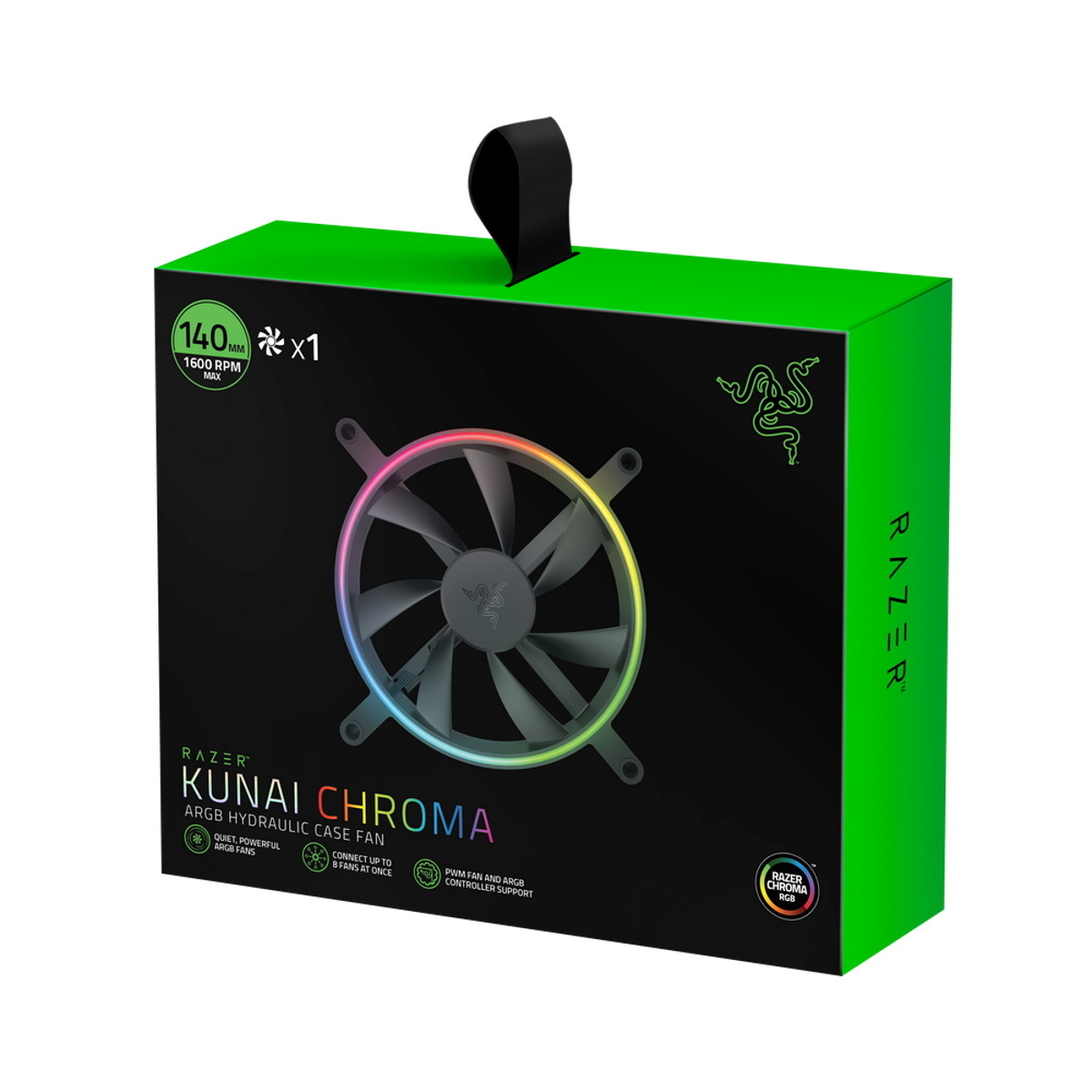 Zielony wentylator obudowy Razer Kunai Chroma z tęczowymi łopatkami.