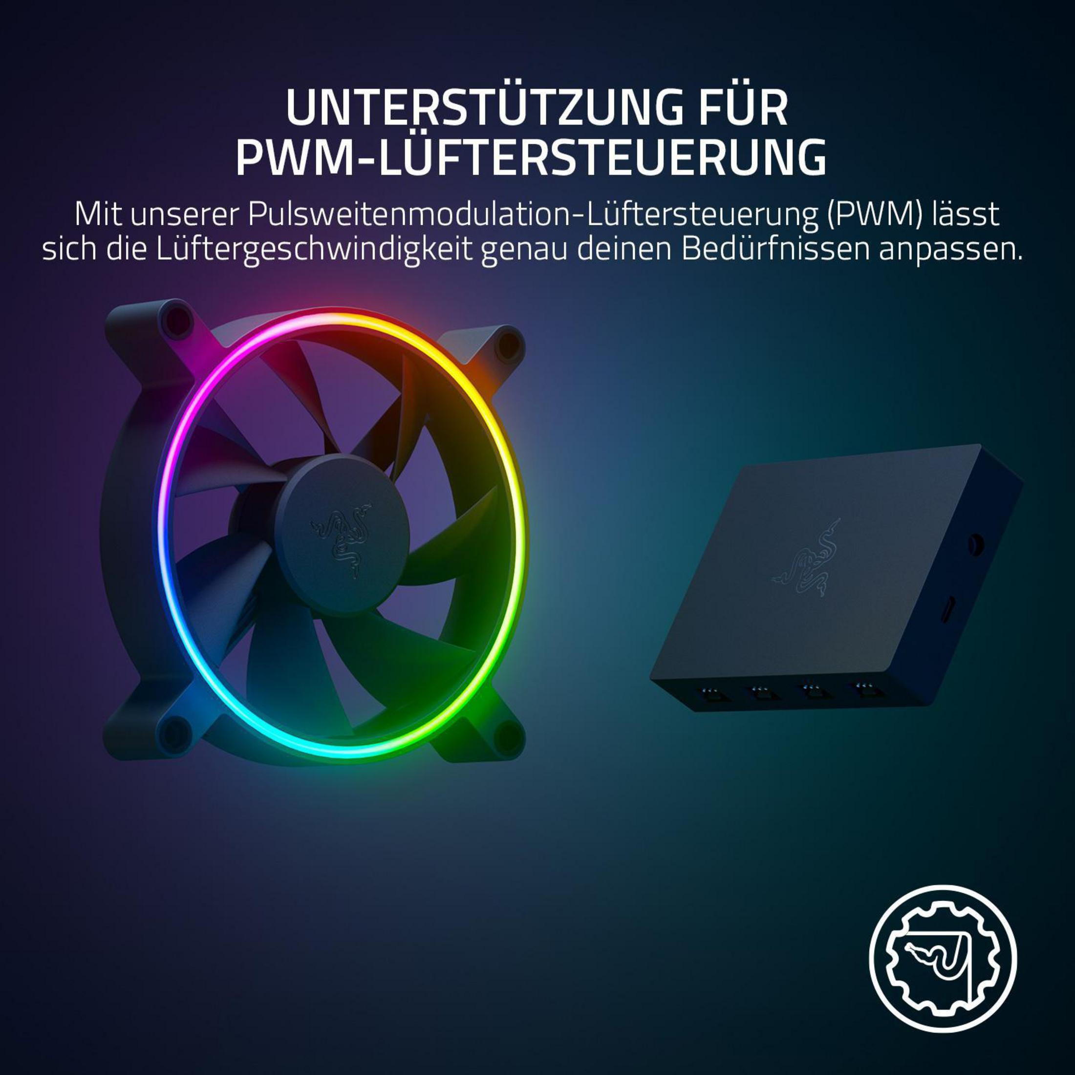 Wentylator RGB z czarnym pudełkiem i tekstem. Wentylator ma kolorowy pierścień świetlny.