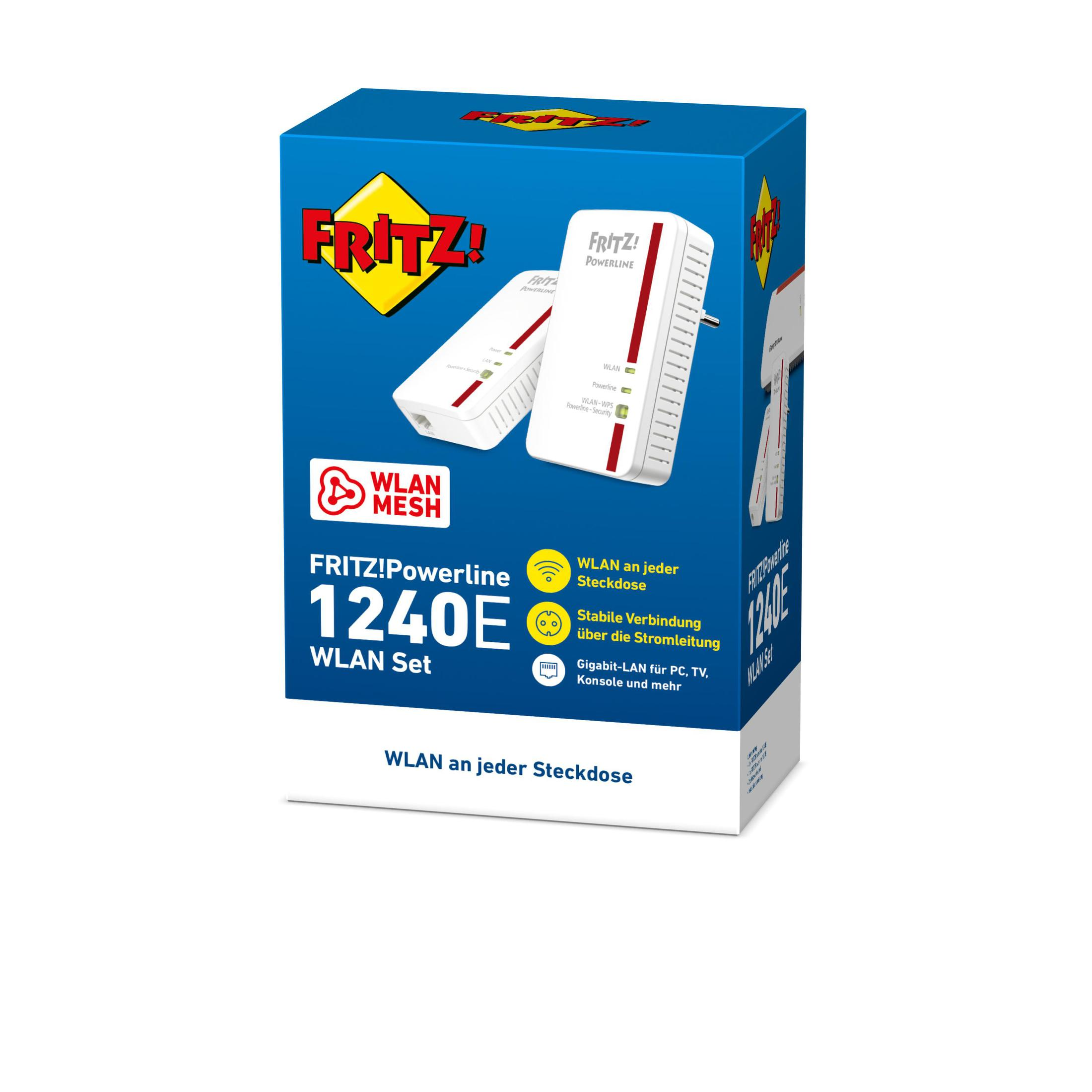 Biało-niebieskie pudełko z urządzeniem sieciowym w środku. Tekst: 'FRITZ!Powerline WLAN Set'.