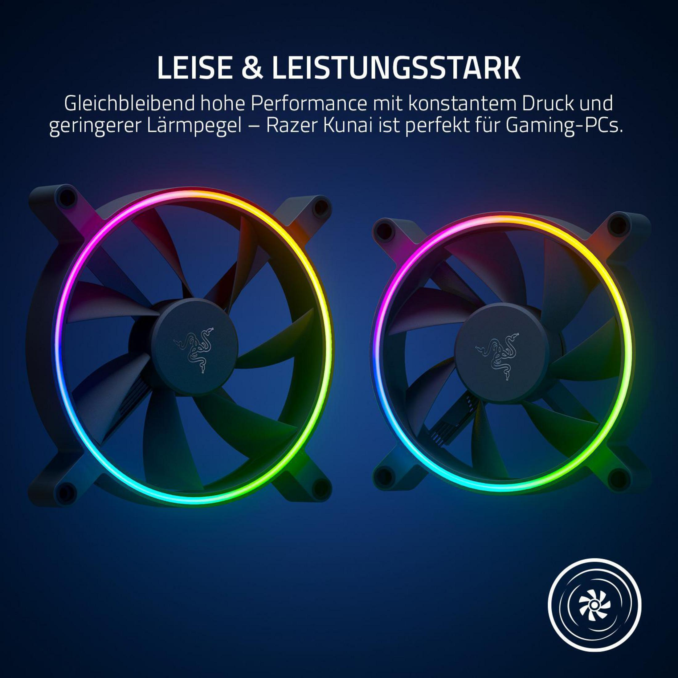 Zbliżenie na dwa wentylatory do komputera z kolorowymi diodami LED. Tekst: LEISE & LEISTUNGSSTARK, Razer Kunai.