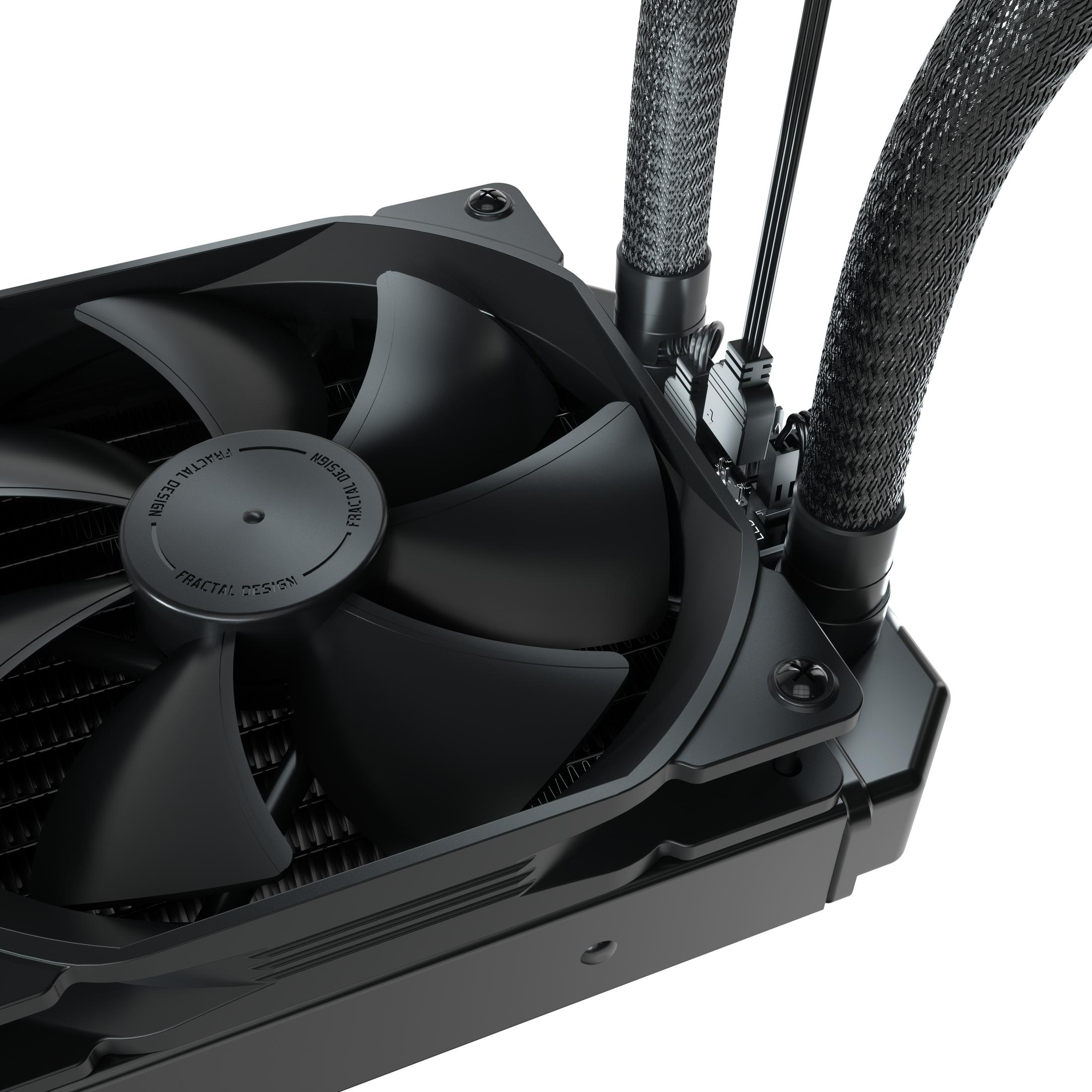 Black liquid cooling system for a computer. Contains a fan, tubes, and a radiator.