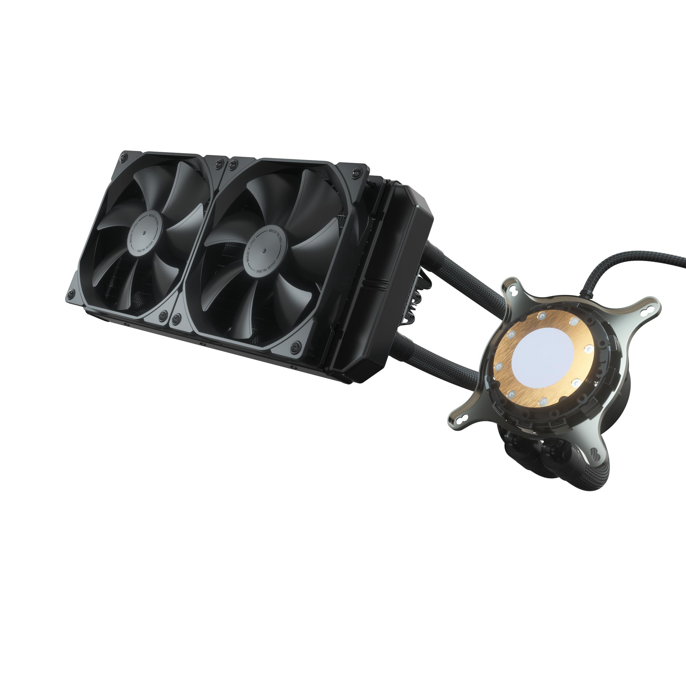 Black computer liquid cooler with two fans and a cooling unit, on a white background.