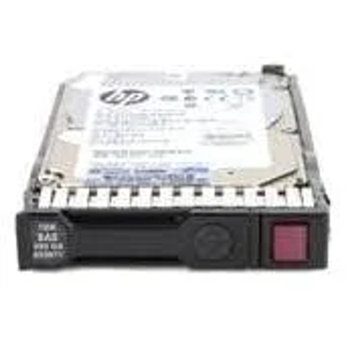 Hard disk argento e nero con etichetta e pulsante quadrato rosso.