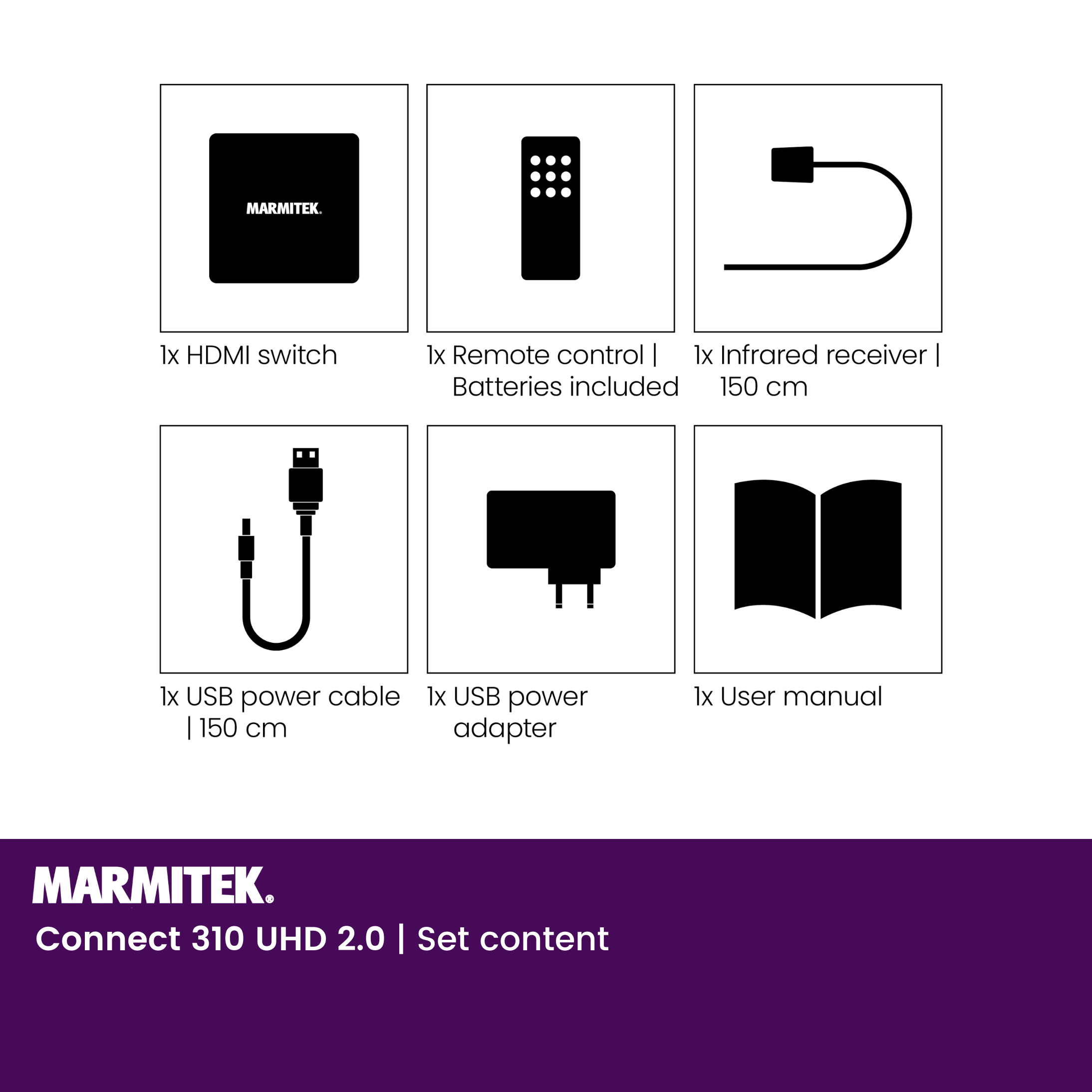 Sechs Icons zeigen Produktinhalt: HDMI-Switch, Fernbedienung, Empfänger, USB-Kabel, Adapter, Handbuch.