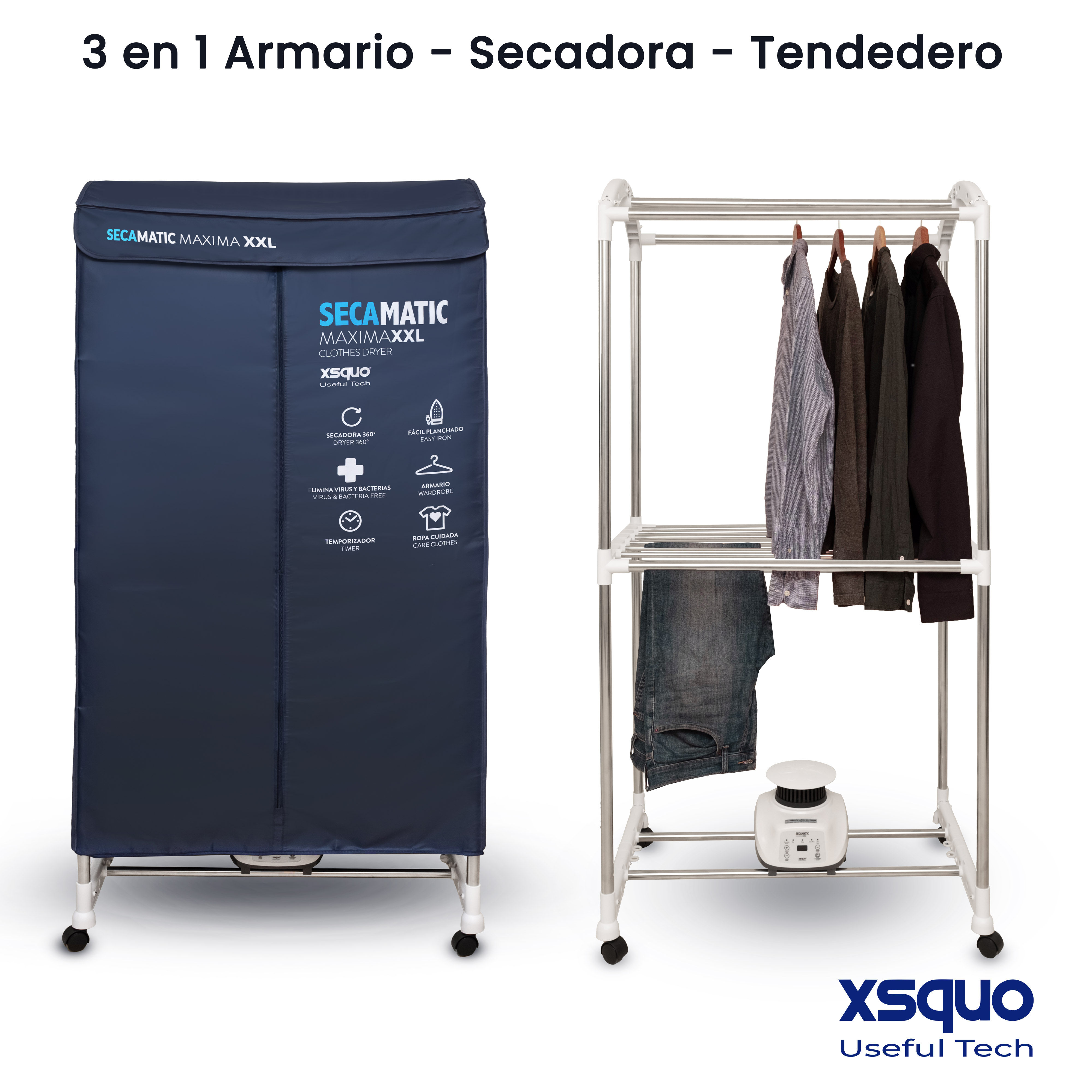 Una secadora de ropa y un tendedero con ropa colgada. La secadora es azul, el tendedero es plateado.