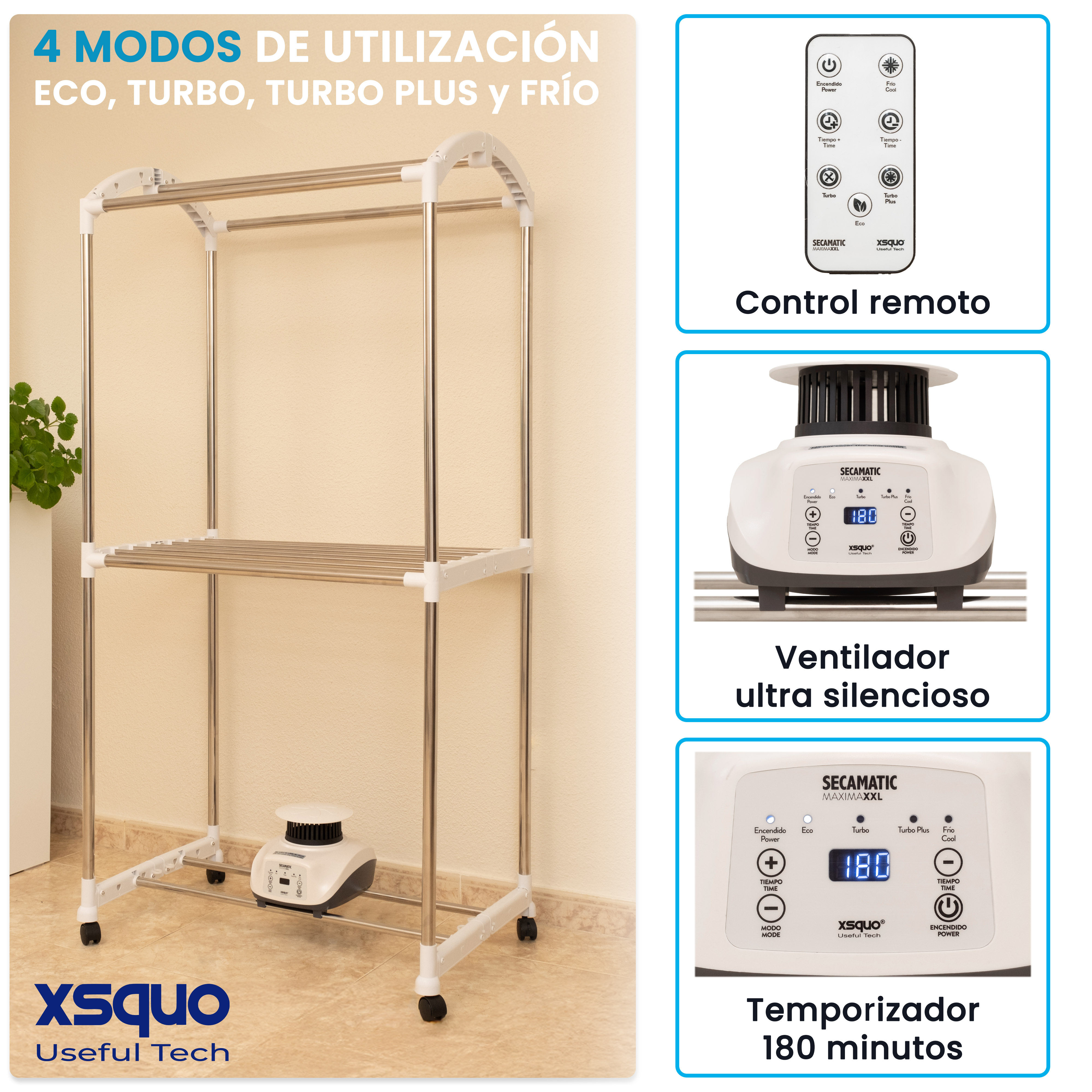Un tendedero con un pequeño electrodoméstico en la parte inferior y un mando a distancia. Un póster y una planta a la izquierda. Texto en español.