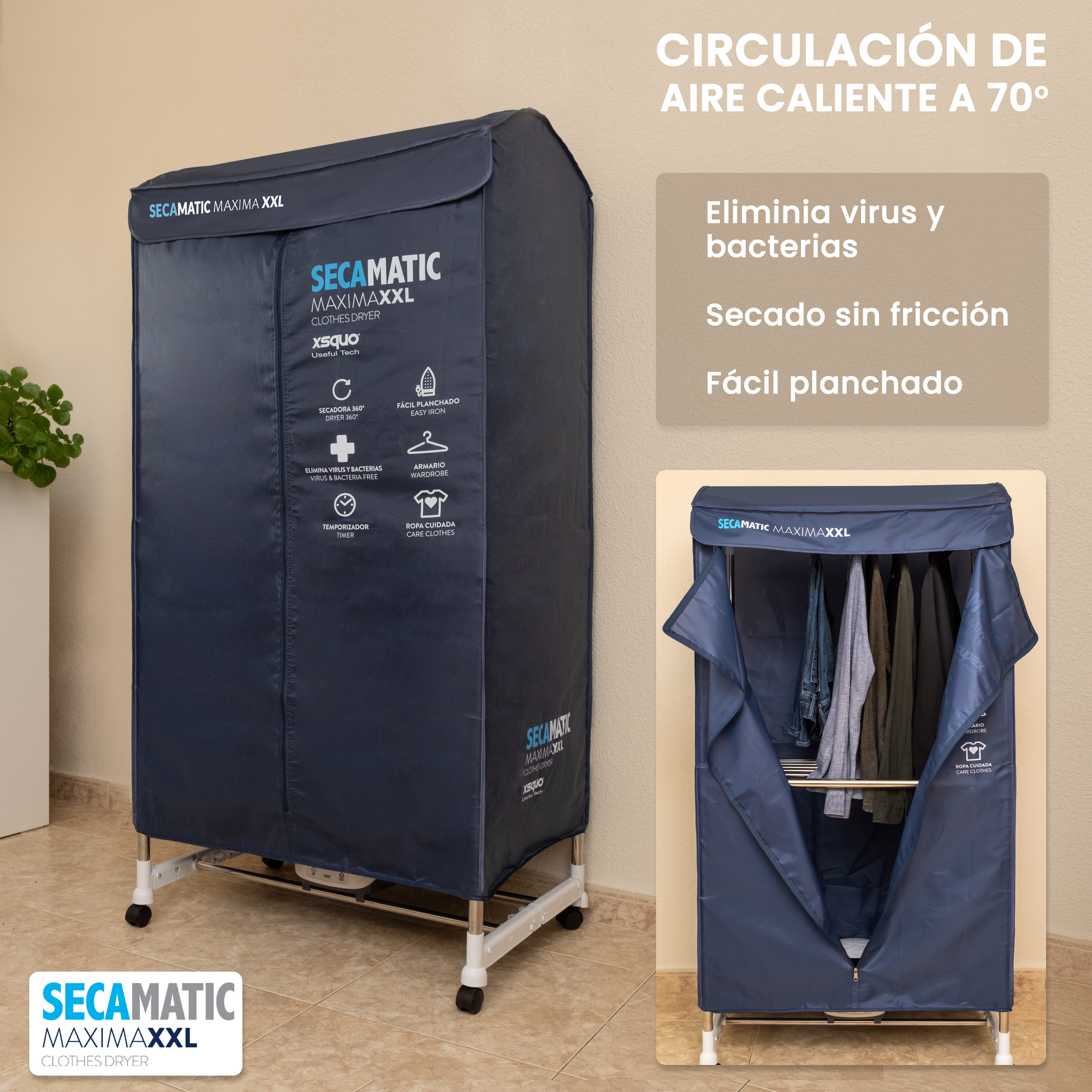 Una secadora de ropa con ropa dentro y texto. La secadora es azul marino y tiene adornos blancos.