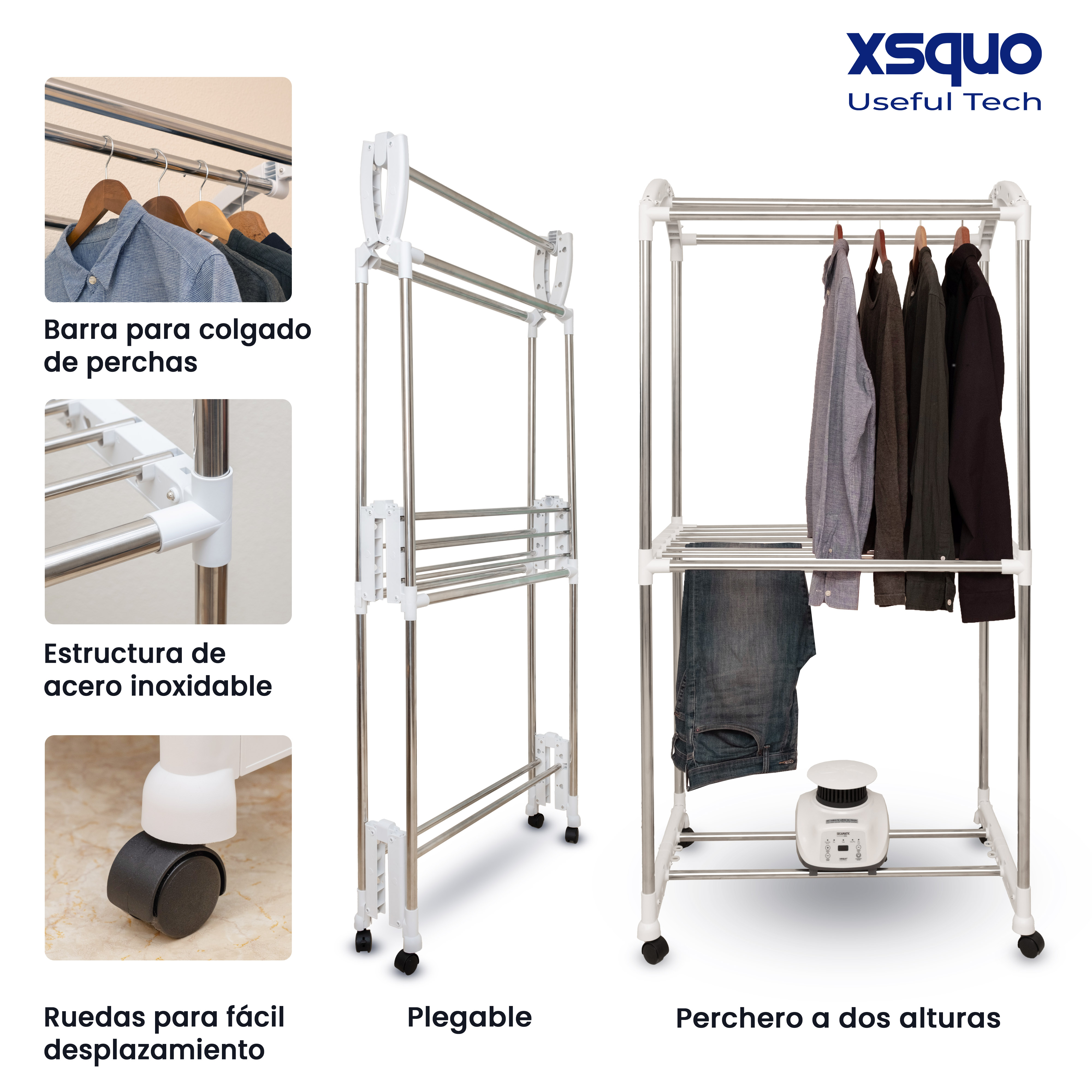 Tendedero plegable con ropa colgada en la barra superior. Textos: estructura de acero inoxidable, plegable.
