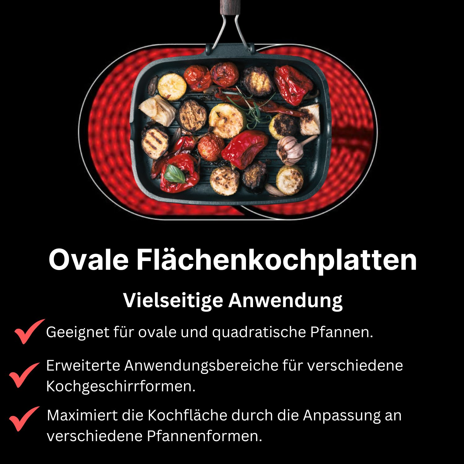 Grillpfanne mit gegrilltem Gemüse und Text über ovales Kochen.