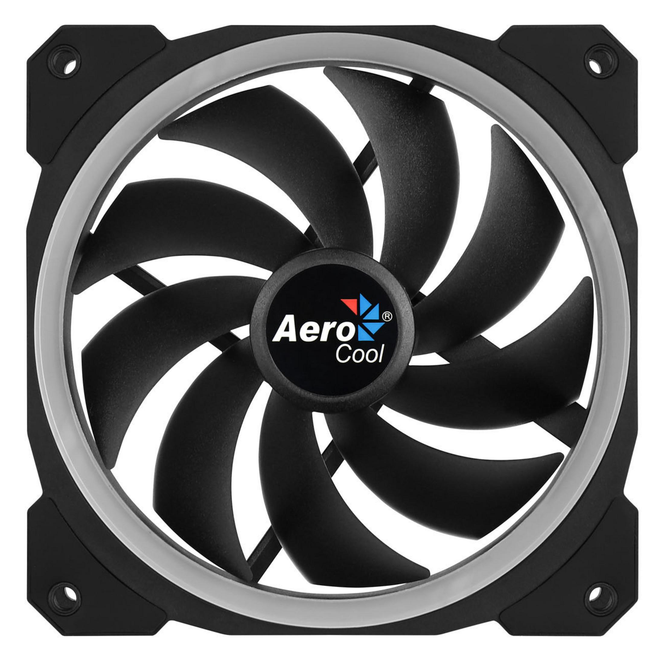 Ventola per computer nera con pale nere, un anello argentato e il logo AeroCool, su sfondo bianco.