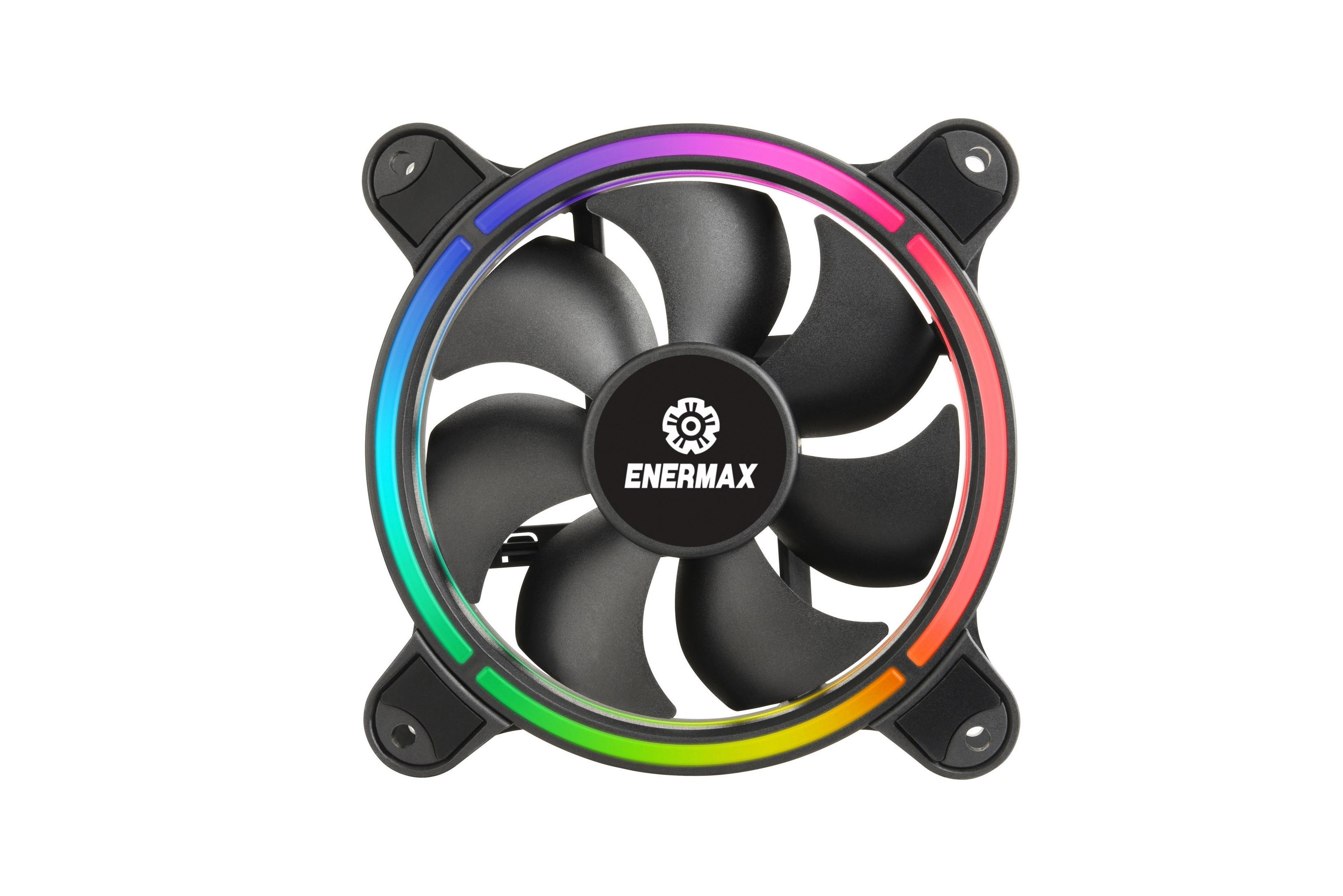Ventola per computer nera con luci RGB. La ventola ha 7 pale ed è posizionata su uno sfondo bianco.