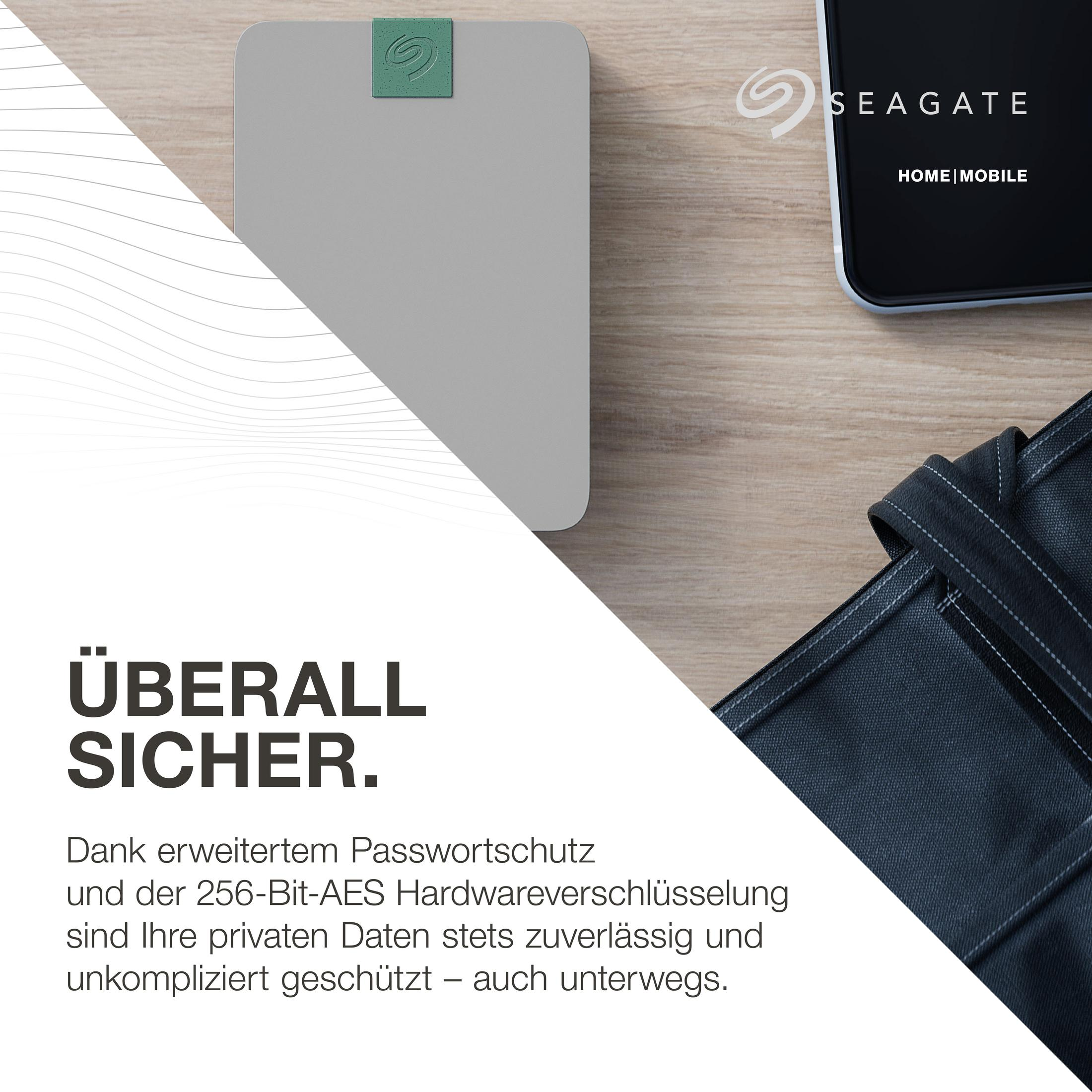Zewnętrzny dysk twardy Seagate i czarna torba na drewnianej powierzchni. Tekst: 'ÜBERALL SICHER'.