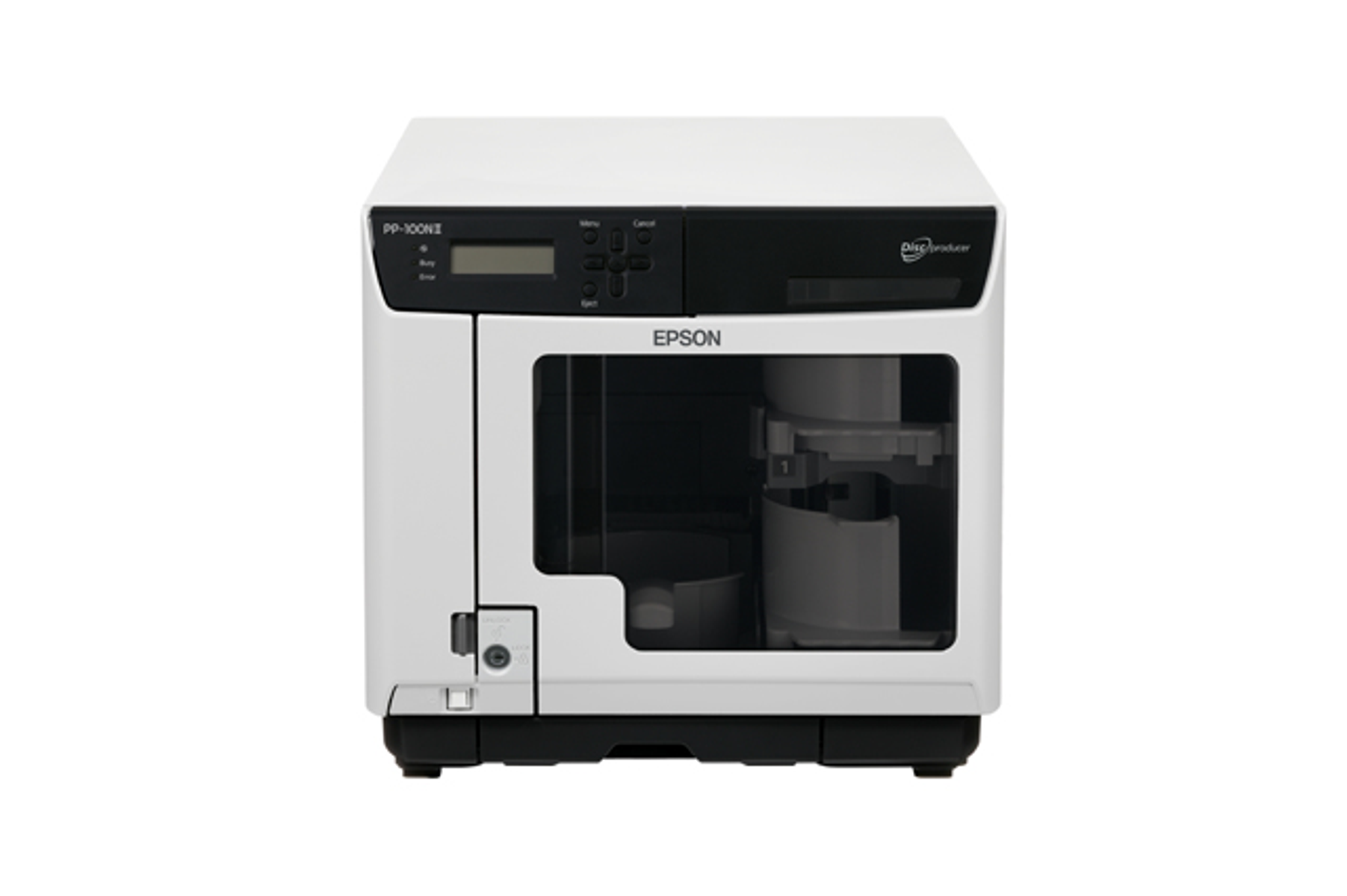 Weißer Epson-Drucker mit Display und Knöpfen. Der Drucker hat einen schwarzen Deckel und das Epson-Logo.