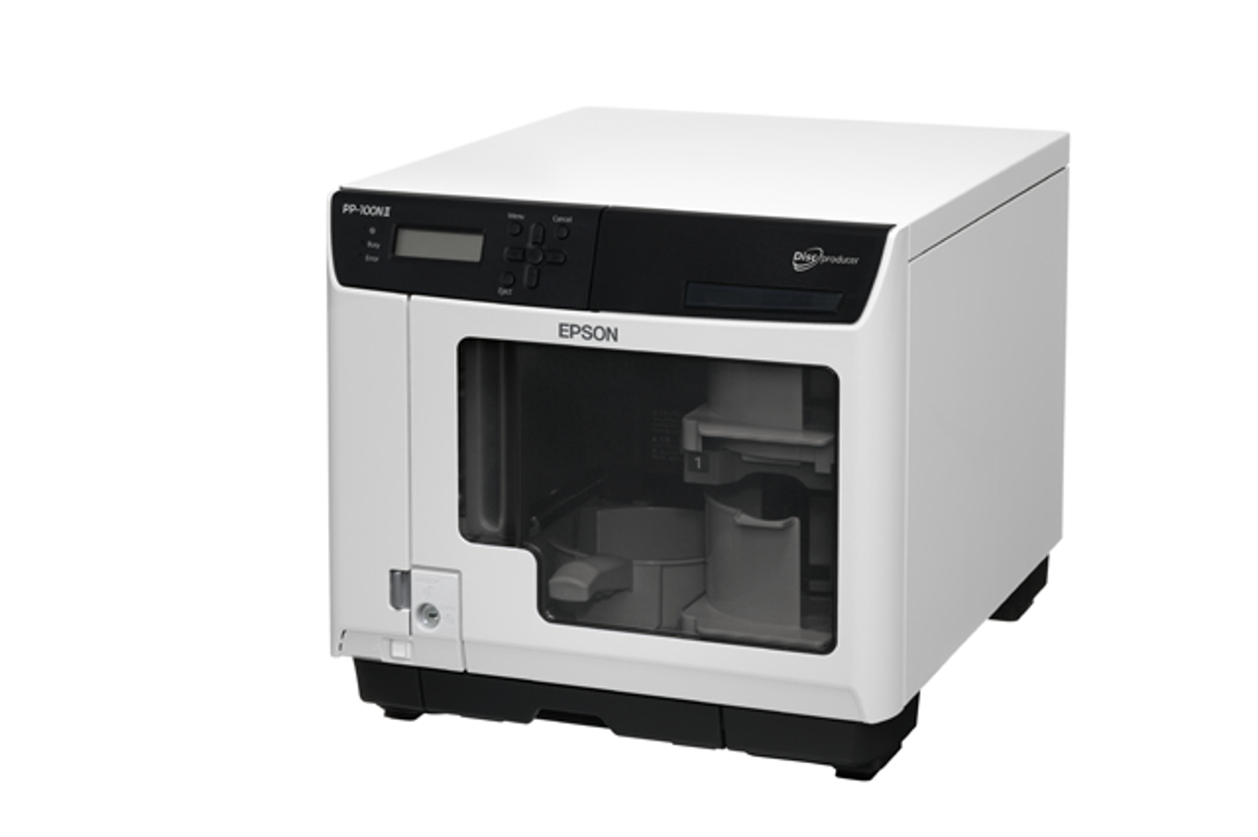 Weißer Epson-Drucker mit schwarzer Frontplatte. Er hat einen Bildschirm und Knöpfe. Er steht auf weißem Grund.