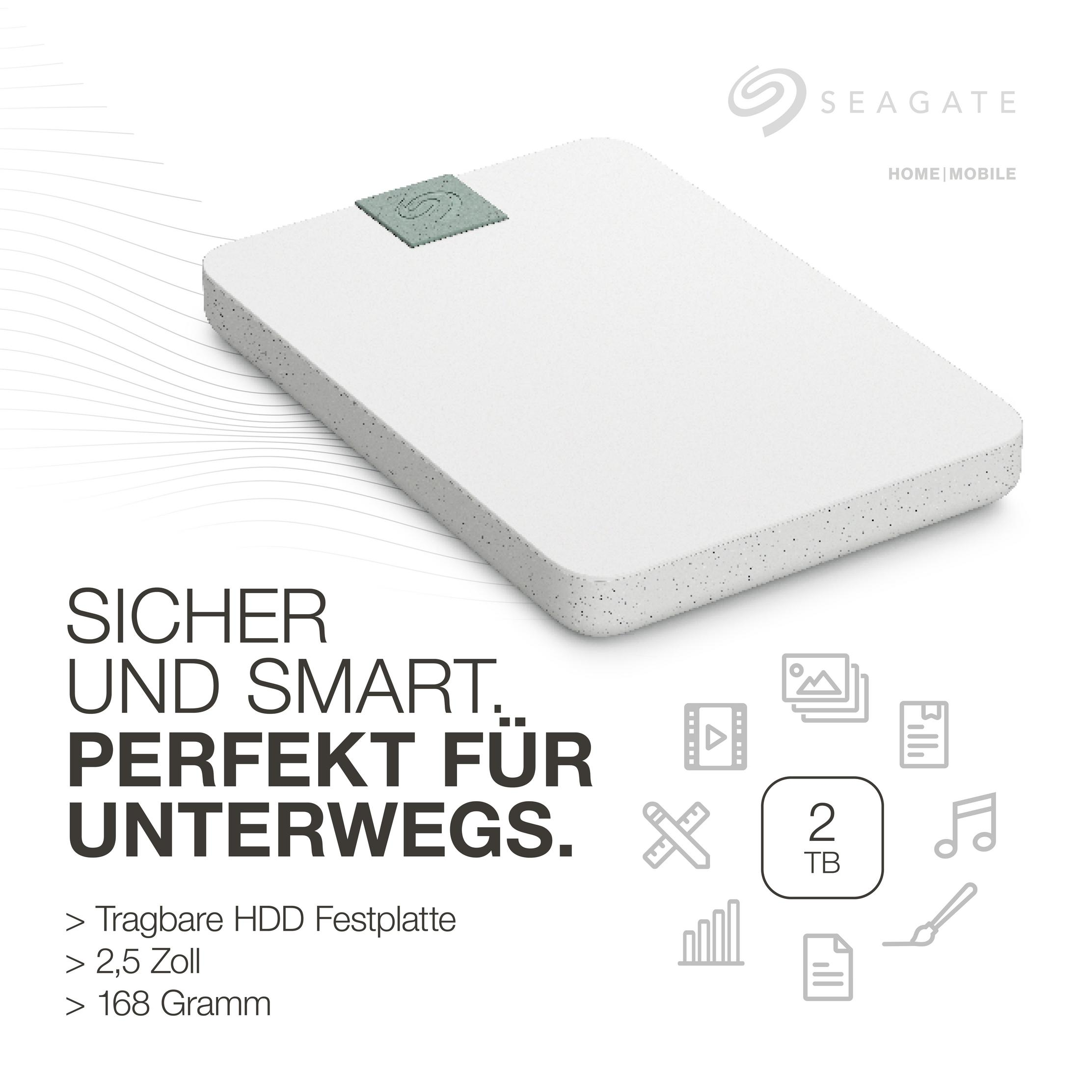 Biały dysk twardy Seagate z szarymi plamkami i zielonymi akcentami. Tekst i ikony po lewej stronie.