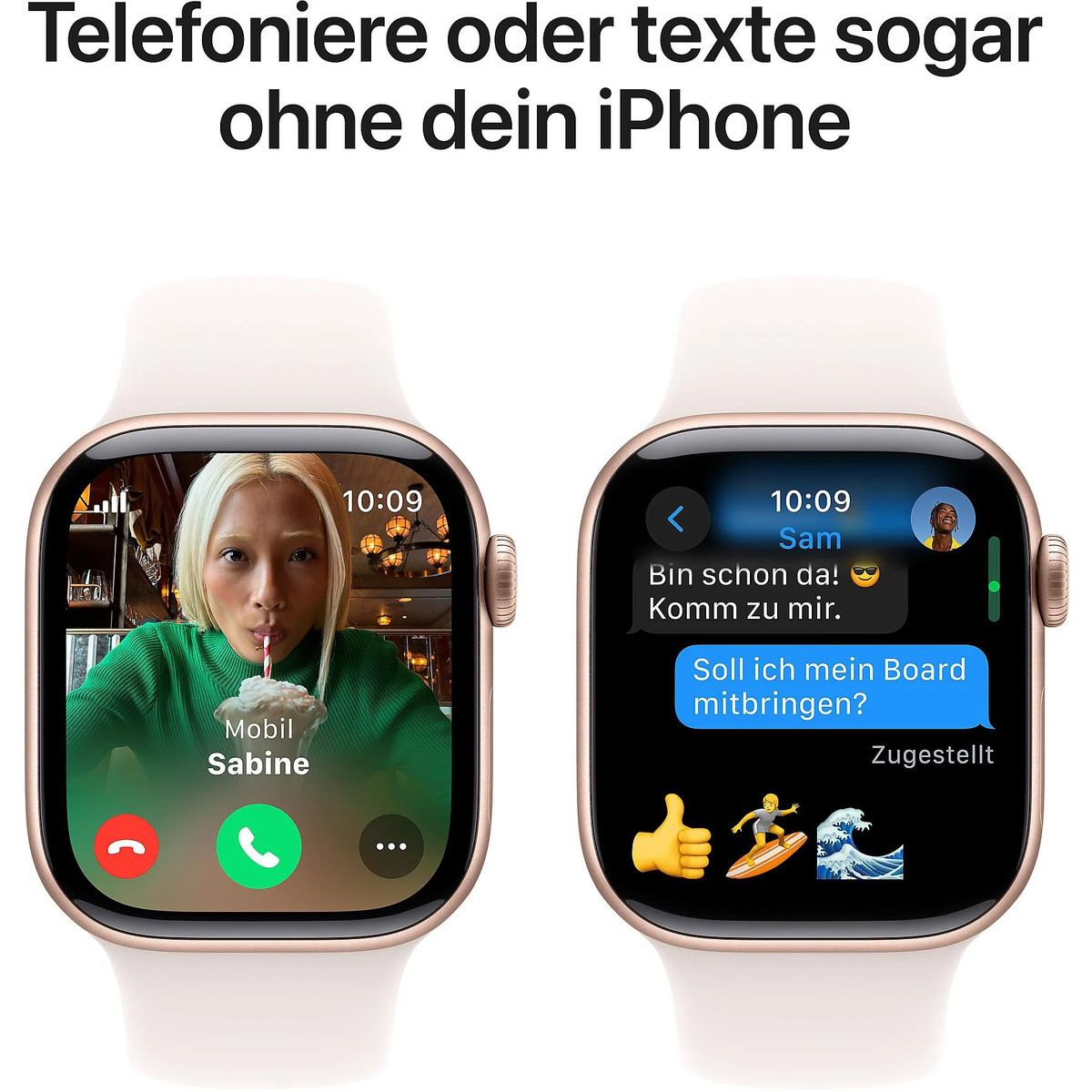 Apple Watch pokazujący połączenie wideo i wiadomość tekstową na ekranie, białe tło.
